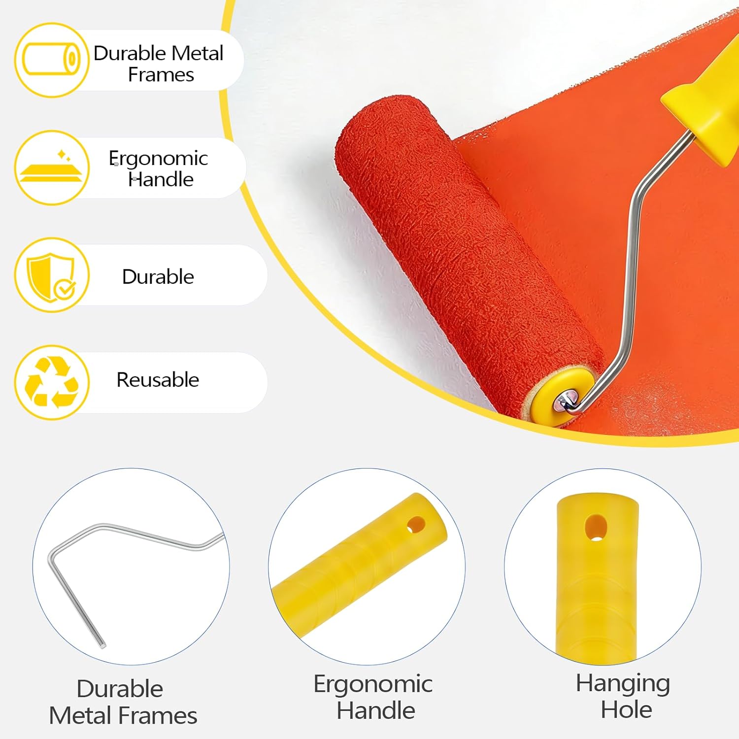 18 Inch Paint Roller Kit, 14 Pack Paint Roller Set with 2-4 Ft Extension Pole, Paint Tray Liners with Plastic Sheeting for Painting Walls Ceilings House Corner Stain (White and Yellow)