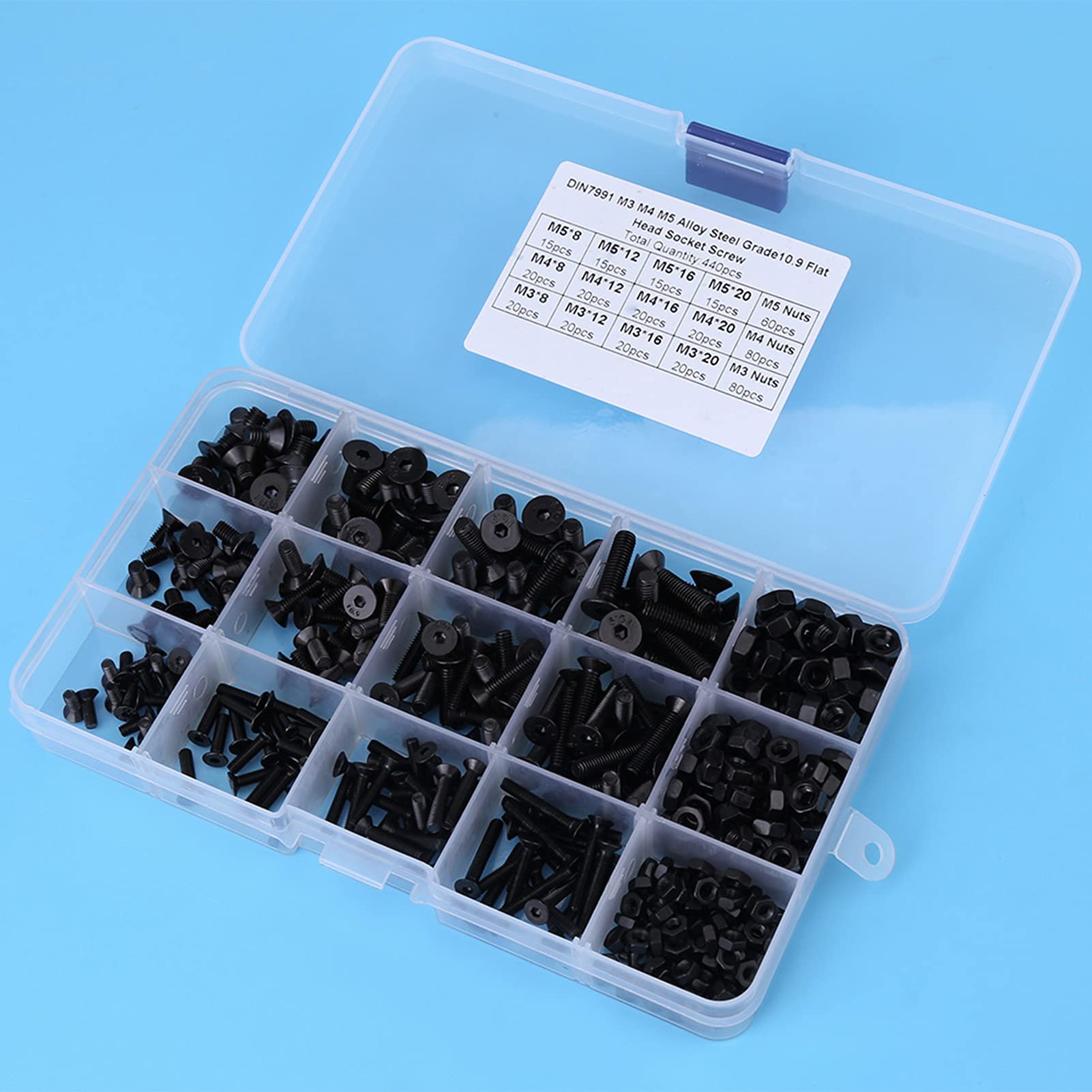 Juego de tornillos y tuercas de cabeza plana M3, M4, M5, de aleación de acero, 440 unidades, con caja de plástico, color negro