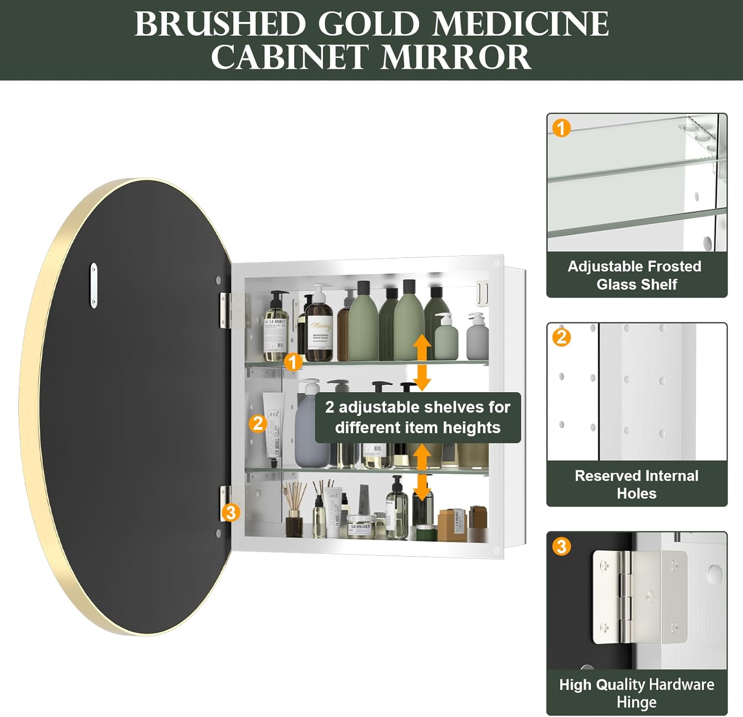 WallBeyond Bathroom Medicine Cabinet with Mirror, 24 Inch Gold Round Mirror Medicine Mabinet Wall Mounted with Aluminum Alloy Metal Framed, Surface Mount Medicine Cabinet with Storage
