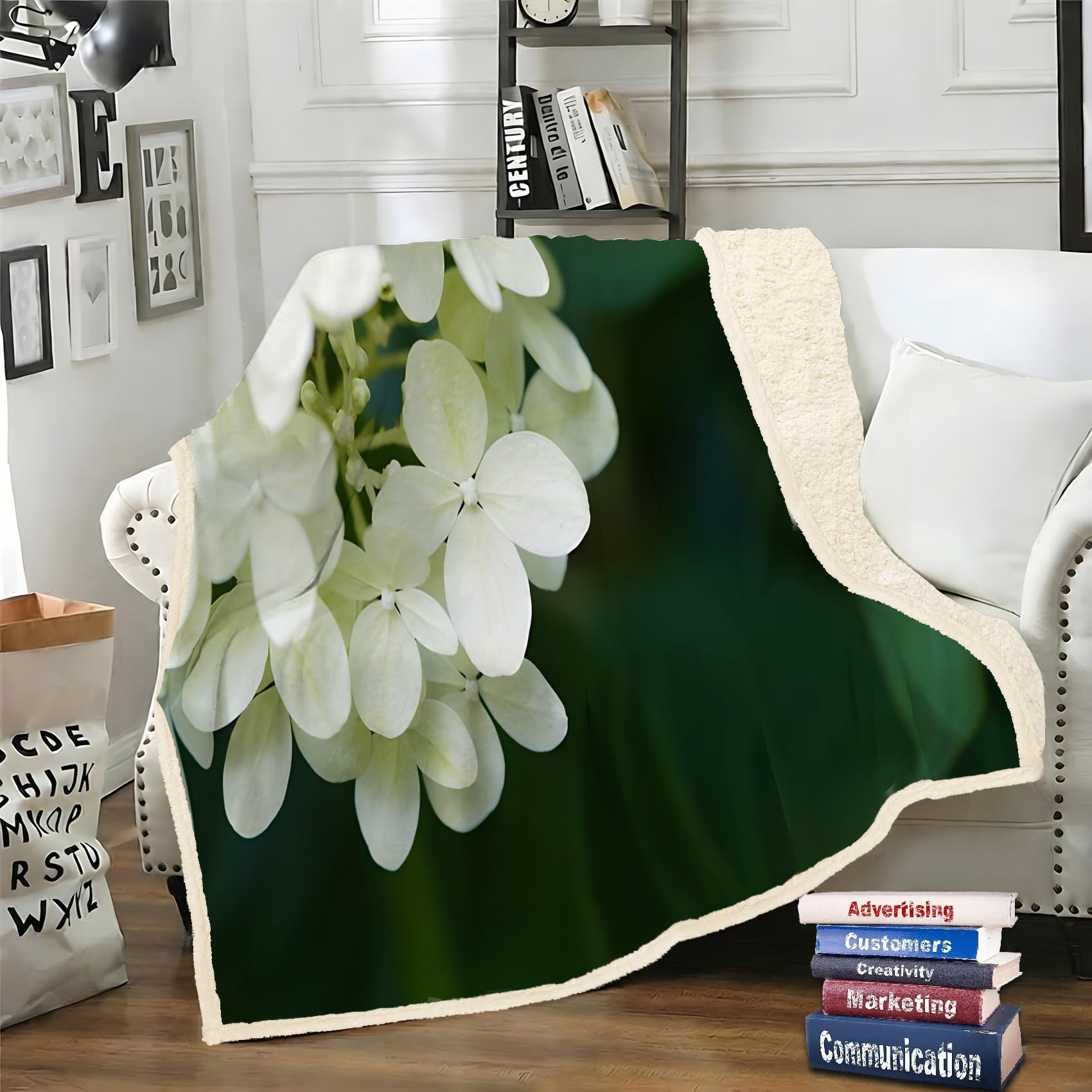 LLSZAHD White Flowers Sherpa Throw Hydrangeas Soft and Fluffy Fleece Throw Blanket, Cozy Bed Throw for Sofa, Armchair or Travel, 130 x 170 cm