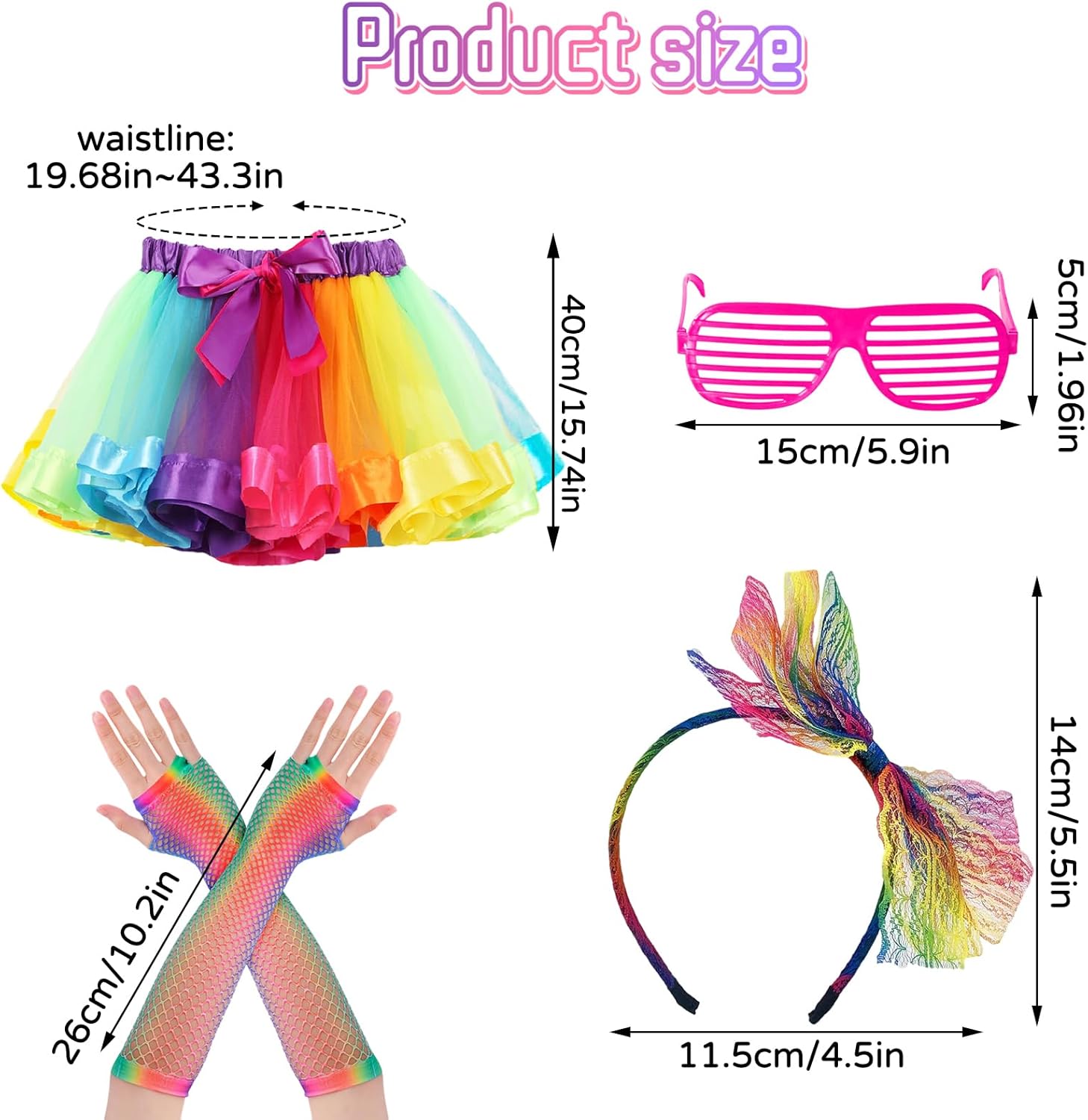 80s Fancy Dress Costumes Accessories, Women Rainbow Tulle Tutu Skirts,Gloves Headbands Neon Sunglasses for 80s Party - Image 2