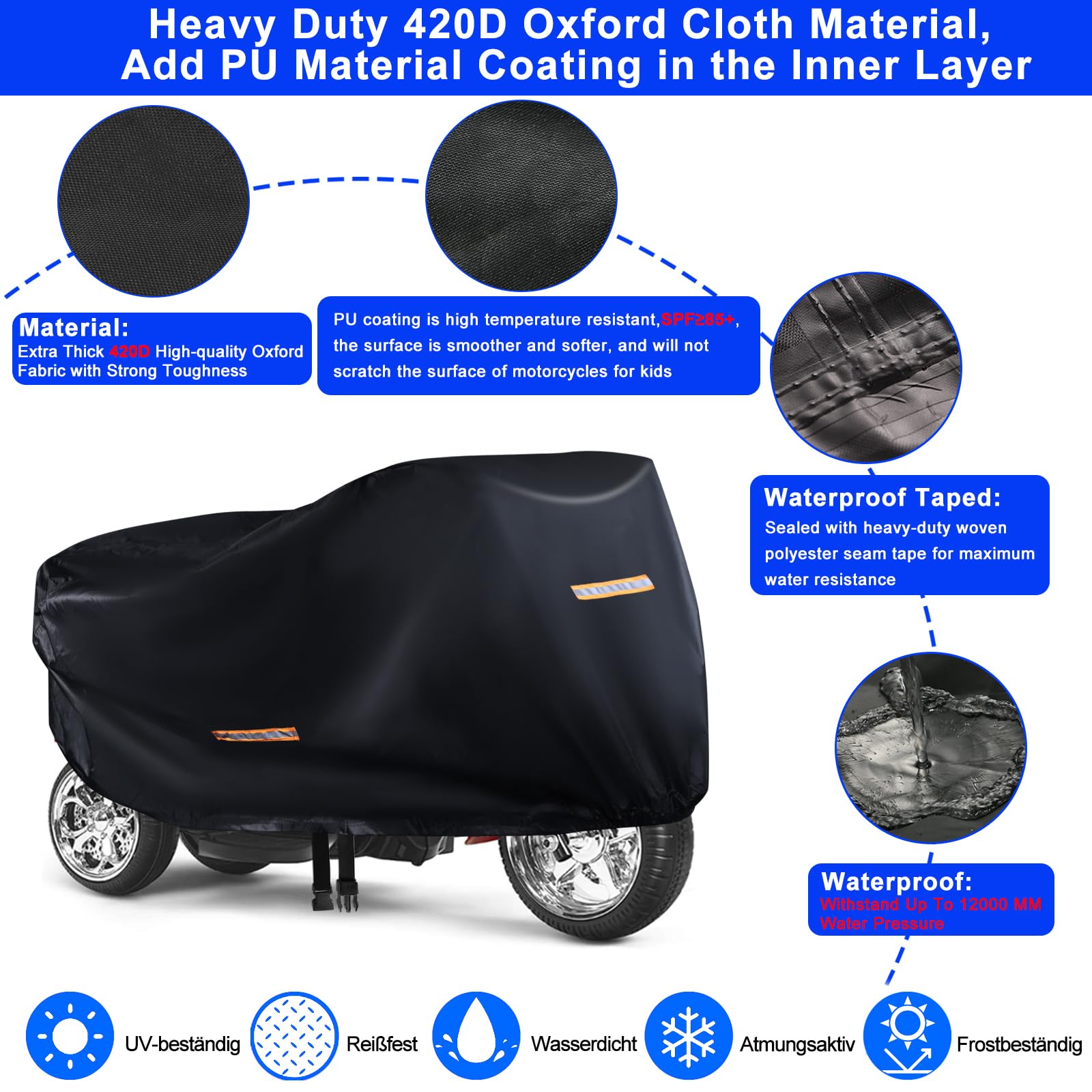 Car Toy Cover,Heavy Duty 420D Oxford Fabric Kids Ride-On Toy 3 Wheels Car Cover Waterproof,Universal Covers for Kids Electric Vehicle,Anti-UV,with Waterproof Strip,3 Reflective Strips,Windproof Buckle - Image 3