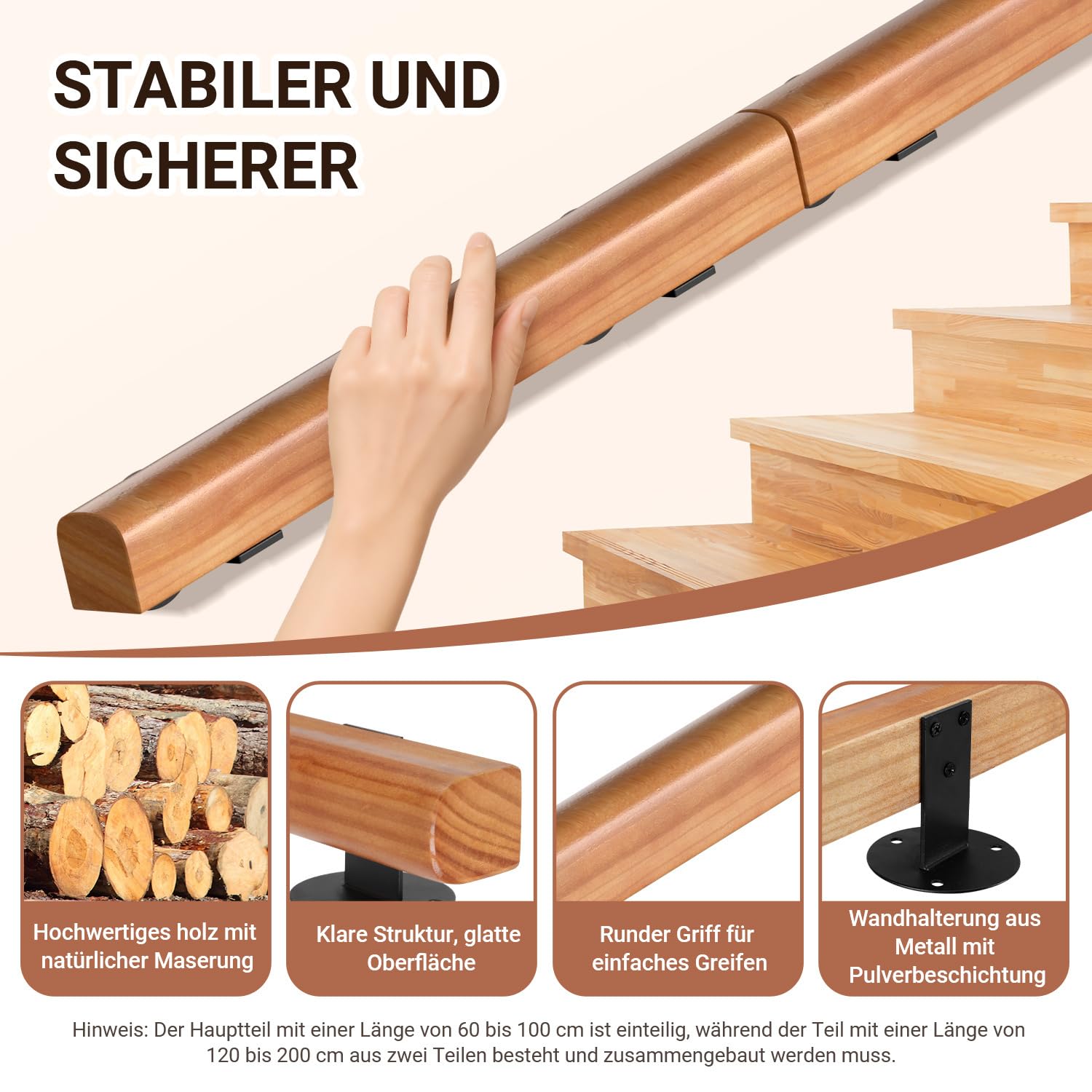Ikodm Kiefernholz Handlauf Treppengeländer 200cm Geländer für Treppe Treppe Wandhandlauf Wand Treppe seitliche Montage, Inklusive Wandhalterungen, Montagematerial, für Indoor, Halbrunde Wood