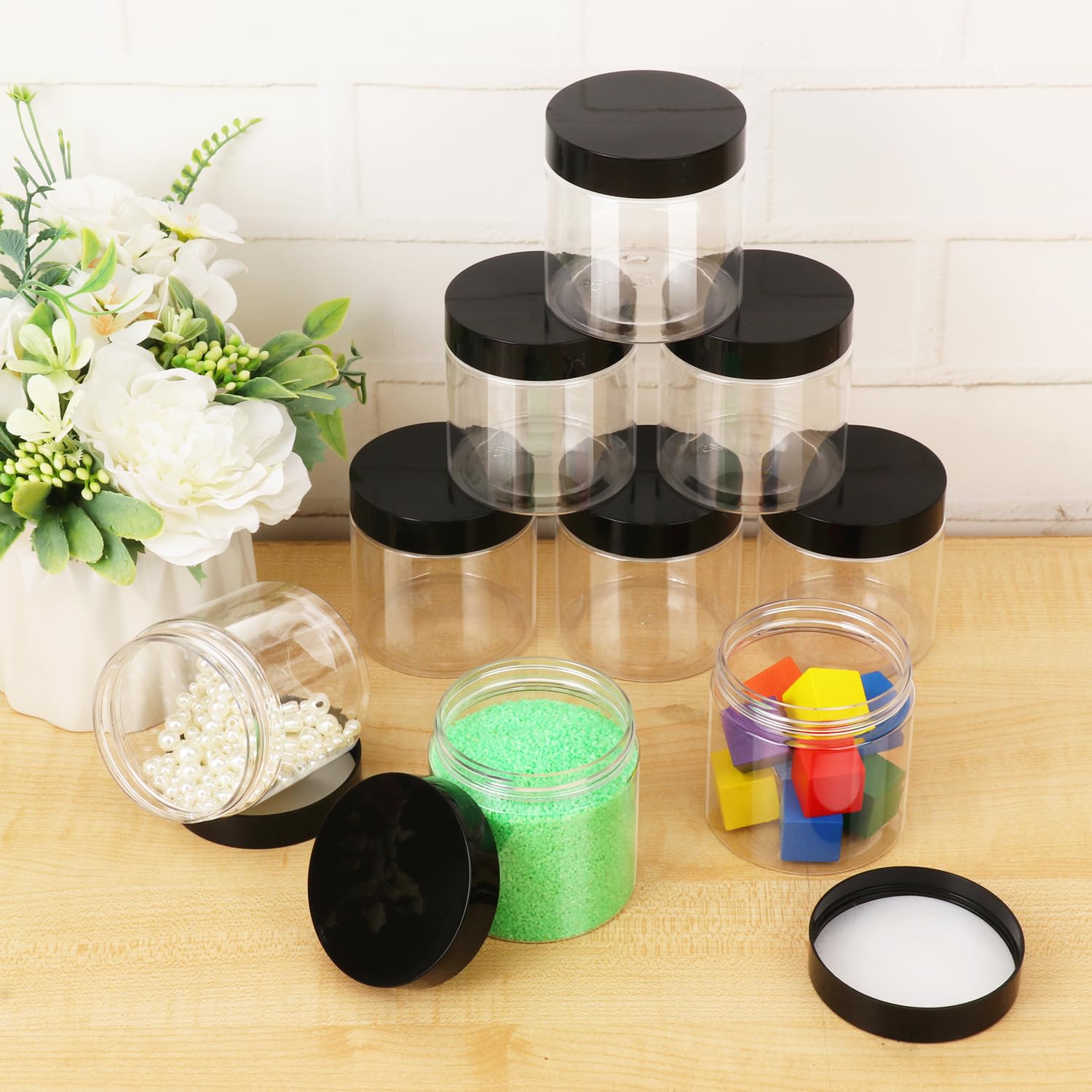 Confezione da 48 barattoli in plastica trasparente da 170 g con coperchio nero, contenitori per burro per il corpo, contenitori per cosmetici, per ingredienti da cucina, perline, paillettes, lozioni