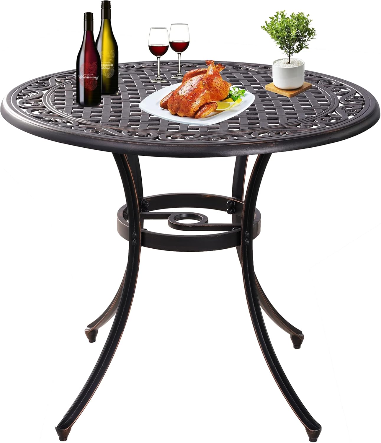 Bronze Round Cast Aluminum Patio Bistro Table with Umbrella Hole
