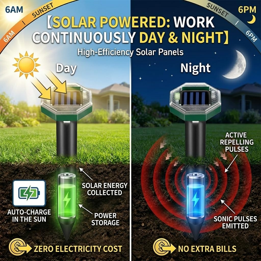 Maulwurfabwehr, solarbetrieben, Sonic Gopher Abwehrpfähle für Rasen, IP65 wasserdicht, Ultraschall, Maulwurfschreck für Rasen, Sonic Wühlmaus, Schlange, Gürteltier, Streifenhörnchen-Abschreckung für