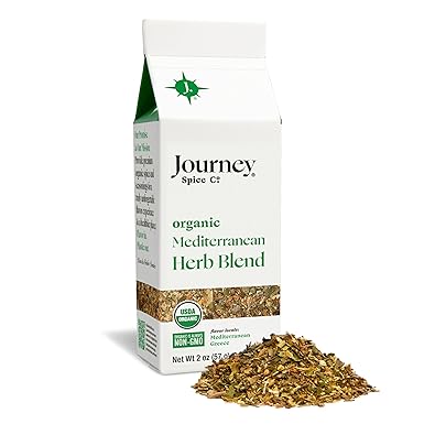 Organic Mediterranean Herb Blend by Journey Spice Co. | Gourmet Spice Seasoning Blend for Chicken, Pork, Vegetables, Tzatziki Sauce, Vegetables, Potatoes, and More | Salt-Free, Sugar-Free, MSG-Free, Non-GMO | 2 oz. | Resealable/Reusable Cap