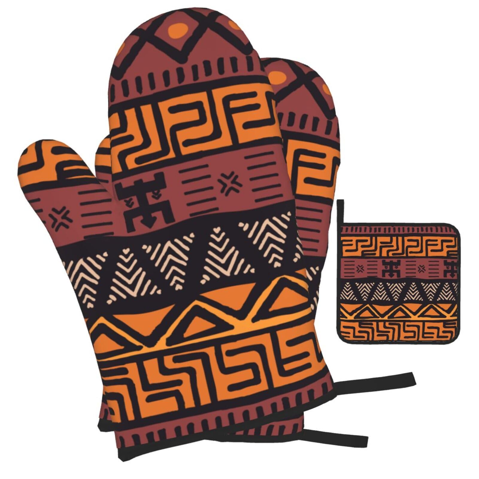 African Mud Cloth Tribal Printed Oven Mitts and Pot Holders Heat Resistant Set of 3 Pcs, Modern Kitchen Gloves & Potholders for Cooking Baking Grilling