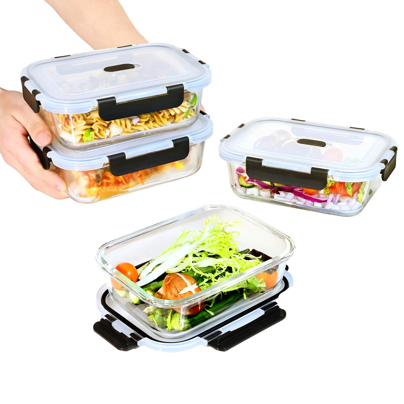 ERUIV Glasbehälter Mit Deckel, [2 Behälter + 2 Deckel] Glasschüssel Mit Deckel-1040ml, Mikrowellengeschirr Glas, Tragbar Meal Prep Container, Retain Freshness Glass Container With Lid, BPA free
