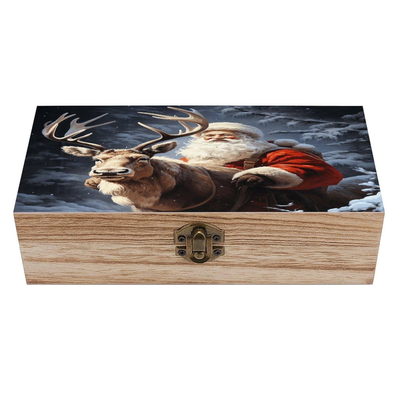 VstaDank Santa Claus And Deer Elk Wooden Storage Box Wooden Keepsake Box with Hinged Lid Exquisite Solid Wood Decorative Jewelry Case Memory Box for Jewelry Photos Letters Crafts Trinkets