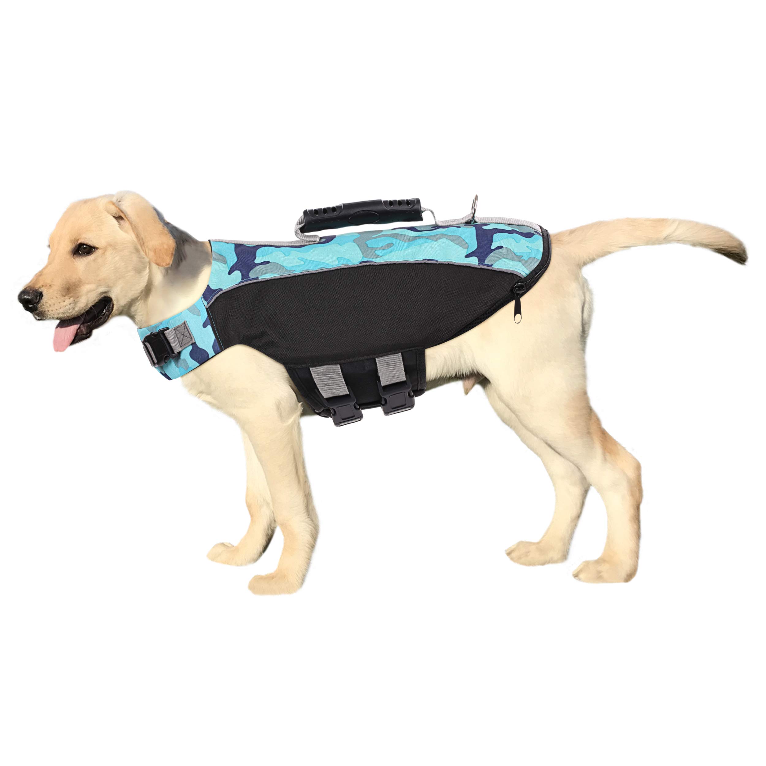 SAWMONG Camo Dog Life Jacket, Pet Flotation Life Vest for Medium Large Dogs, Dog Safety Vest Lifesaver with Reflective Trims for Swimming