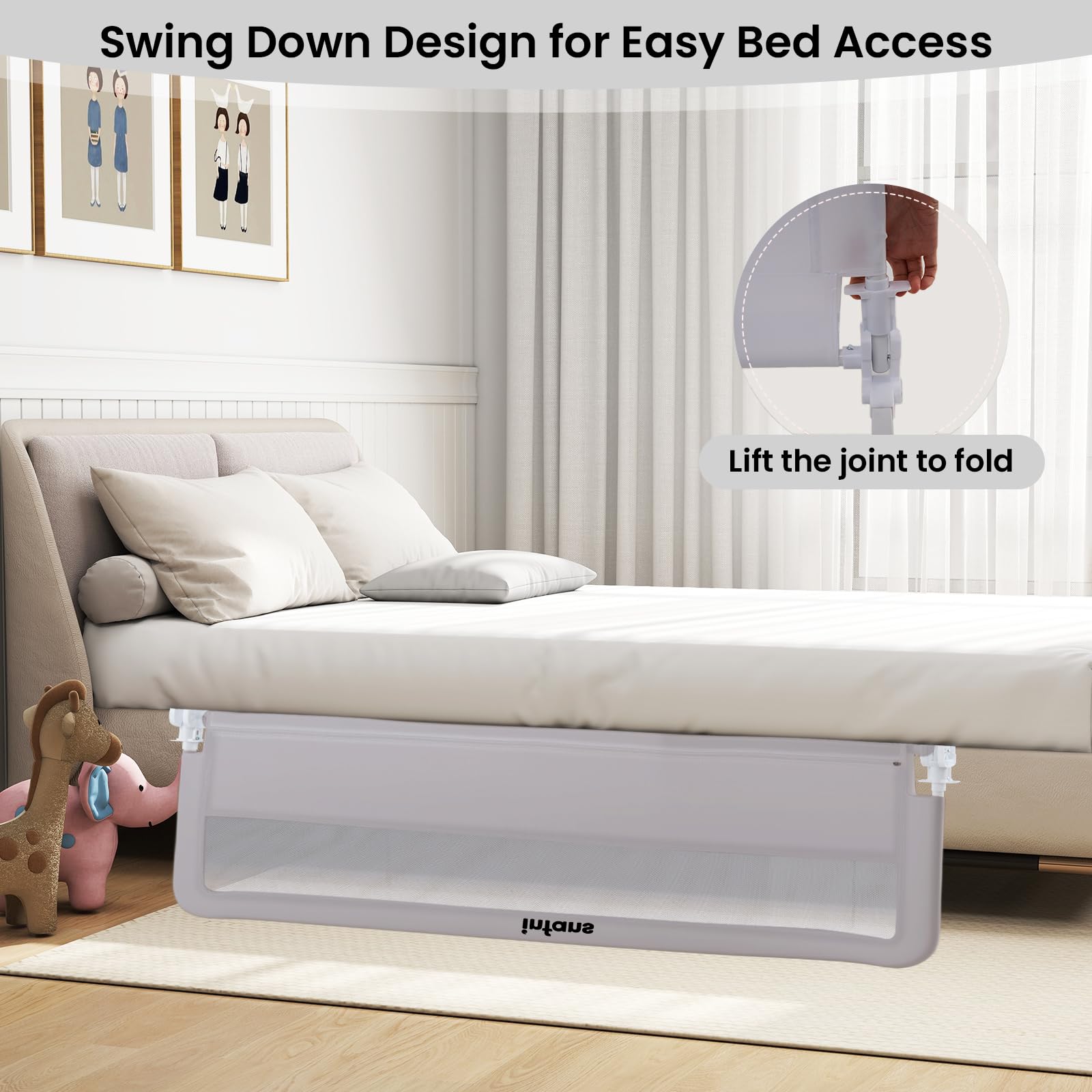 INFANS Bettgitter für Kleinkinder, 150 cm, faltbares Sicherheitsgitter für Babybett, extra lang, schwenkbar, Bettschutzgitter für Cabrio, Queen-Size-Bett, Matratzenschutz, Hellgrau