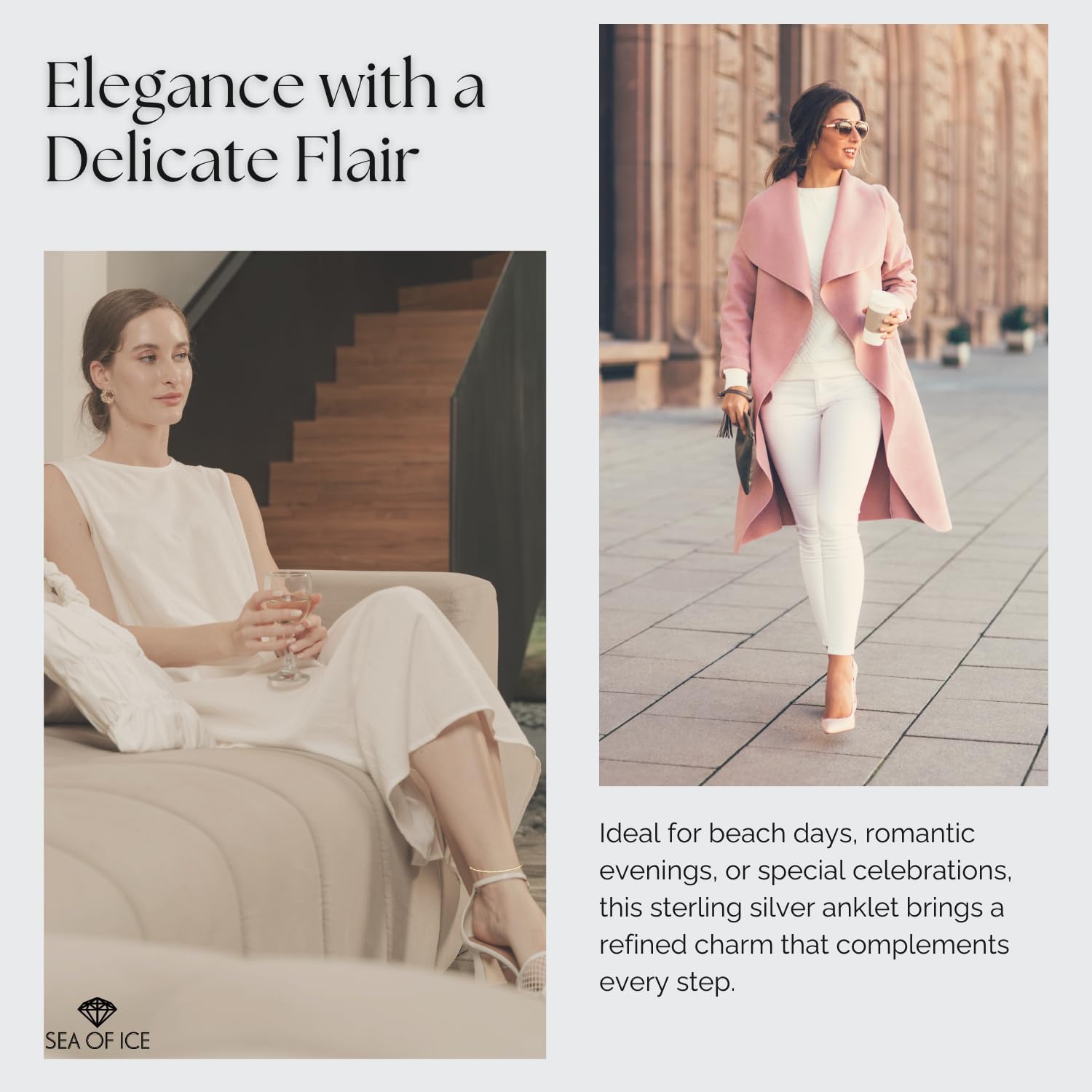 SEA OF ICE Sterling Silver Diamond-Cut Bar Station Rolo Chain Anklet - 1mm Anklet Size 9", 10" and 11" Italy - Nickel-Free Jewelry - Image 3