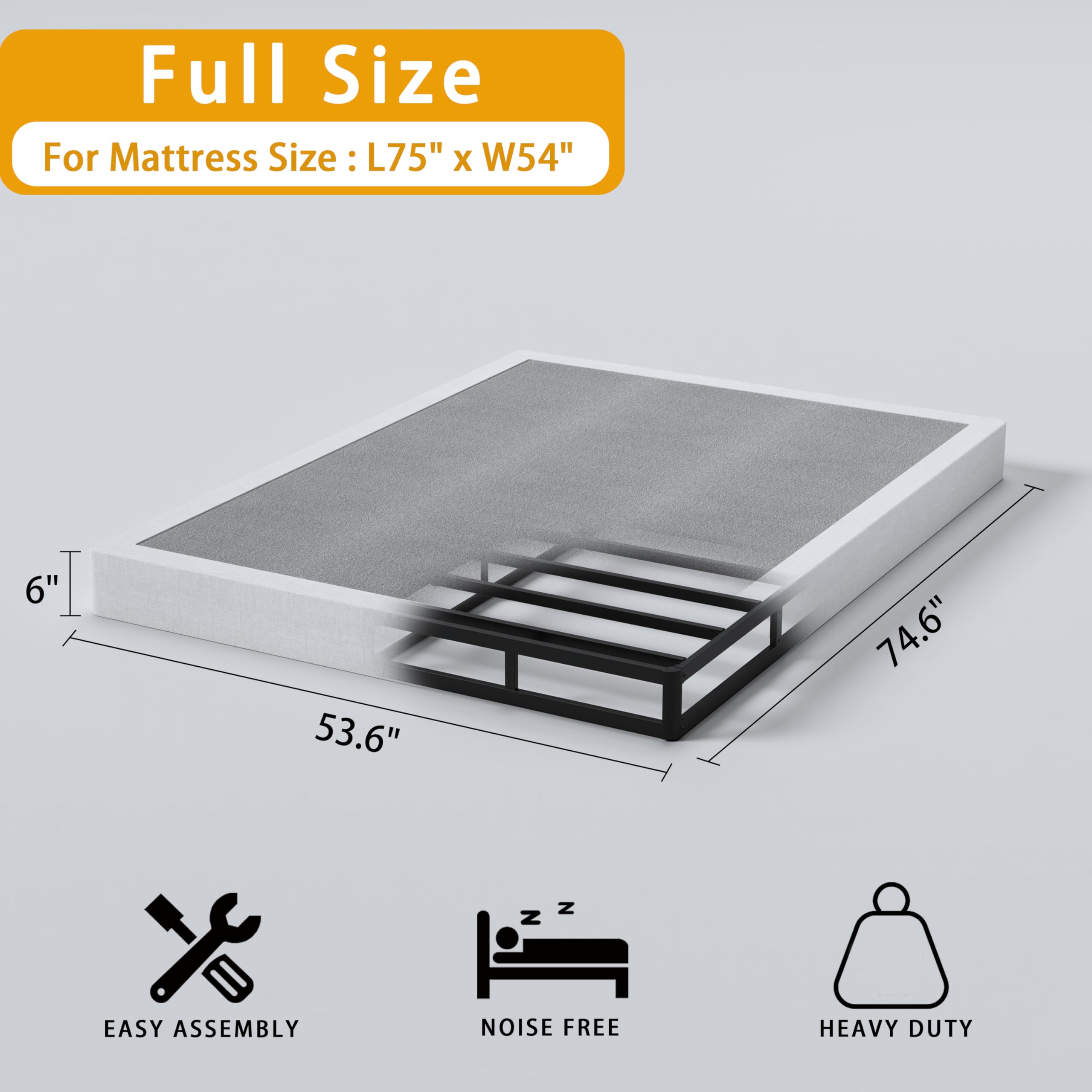 SHLAND Boxspringbett, 15,2 cm, niedriges Profil, volle Größe, Boxspringbett, Metallrahmen, Matratzenfundament mit Stoffbezug, einfache Montage