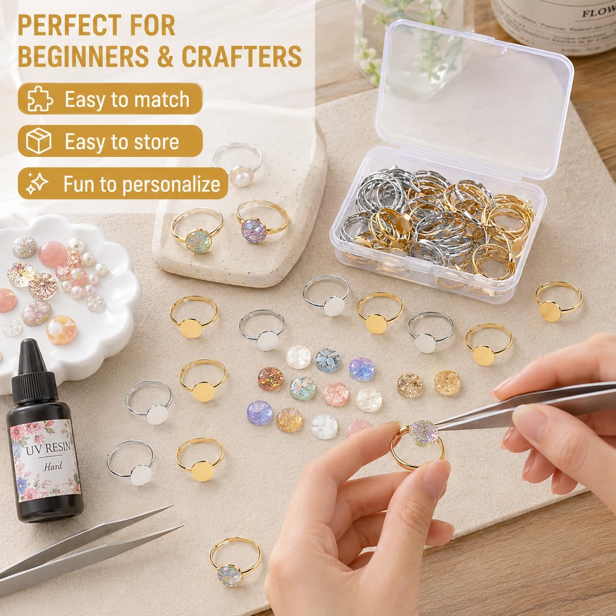 40 Pcs Adjustable Ring Blanks for Jewelry Making, 10mm Flat Rings Base in Silver & Gold Tone, DIY Ring Blanks Jewelry Findings with Storage Case