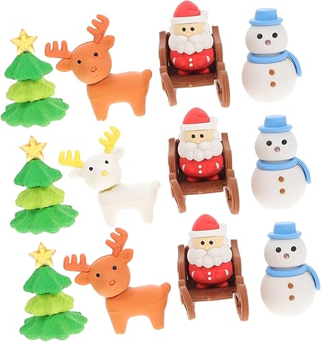 STOBOK 12 piezas de borrador con forma de cervatillo de Papá Noel, muñeco de nieve, mini borradores de Navidad, borradores pequeños, borradores