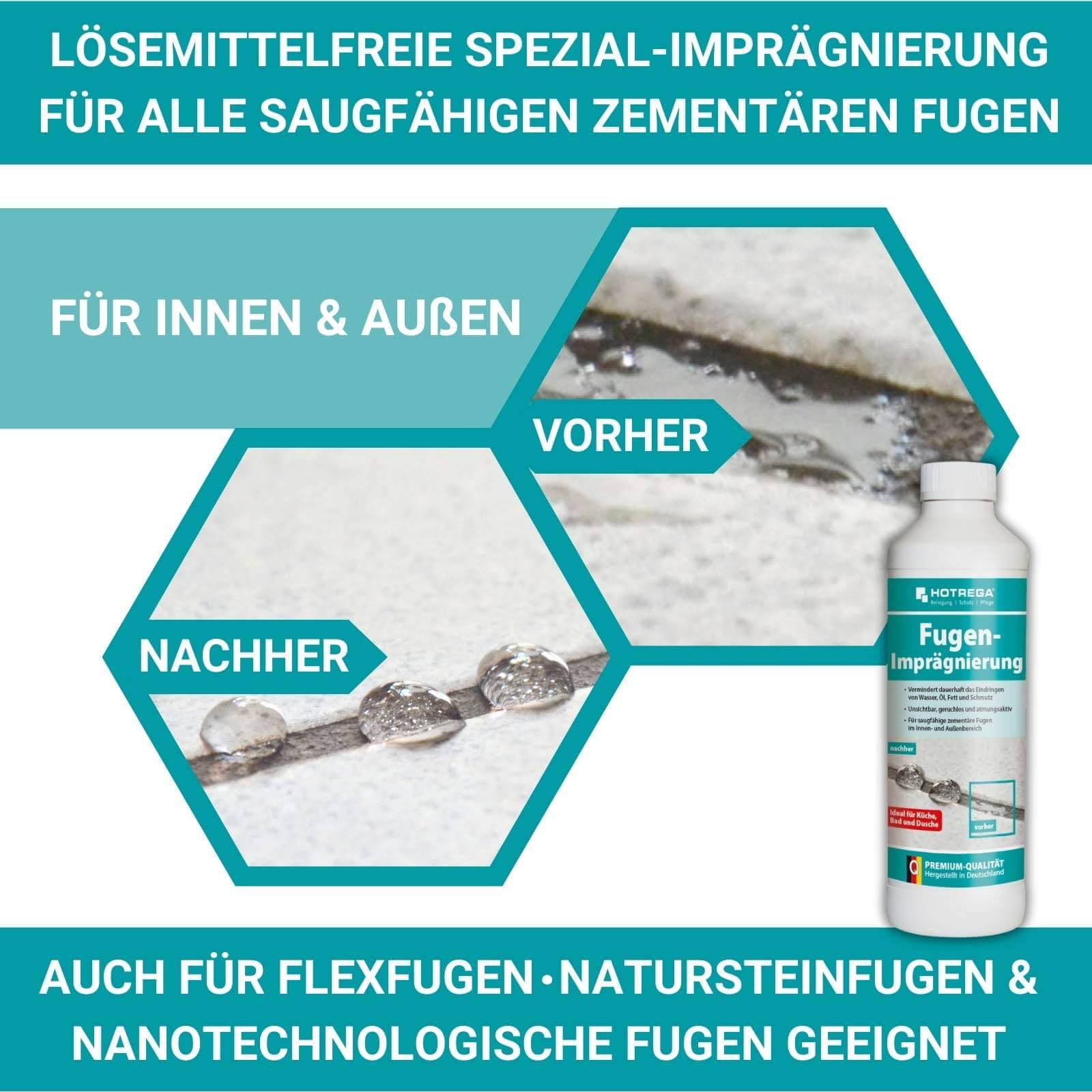 HOTREGA Fugenreiniger 500ml + Fugenimprägnierung 1L | Set für zementäre | Tiefenreinigung & Schutz | Unsichtbare Versiegelung gegen Kalk, Fett, Nässe | Ideal für Bad, Dusche, Küche | Lösemittelfrei