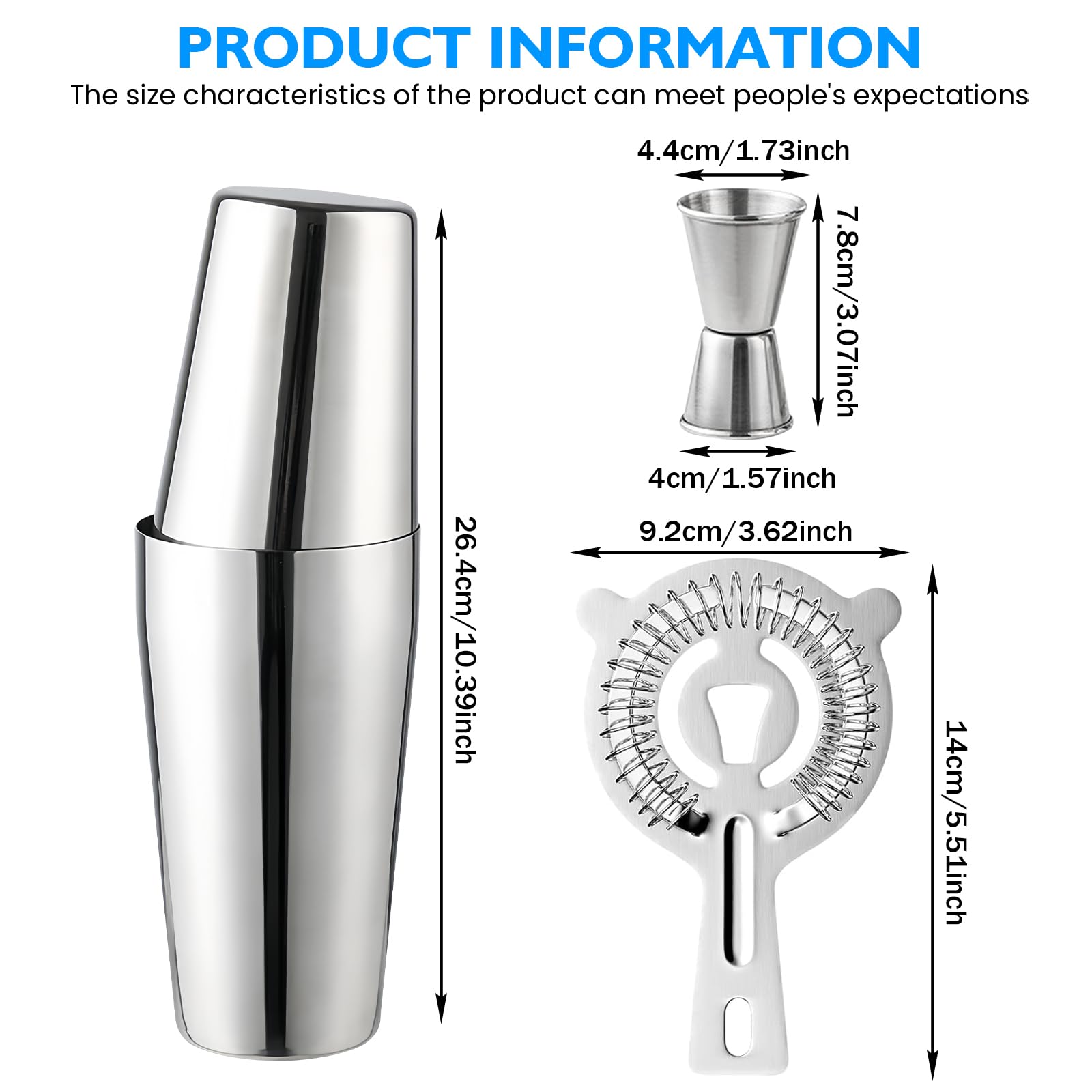 Set di 3 shaker Boston in acciaio inox, WANDGU da 450 ml + 600 ml, shaker da cocktail in acciaio inox 304, strumenti professionali per bar per tutti gli amanti del cocktail e della casa