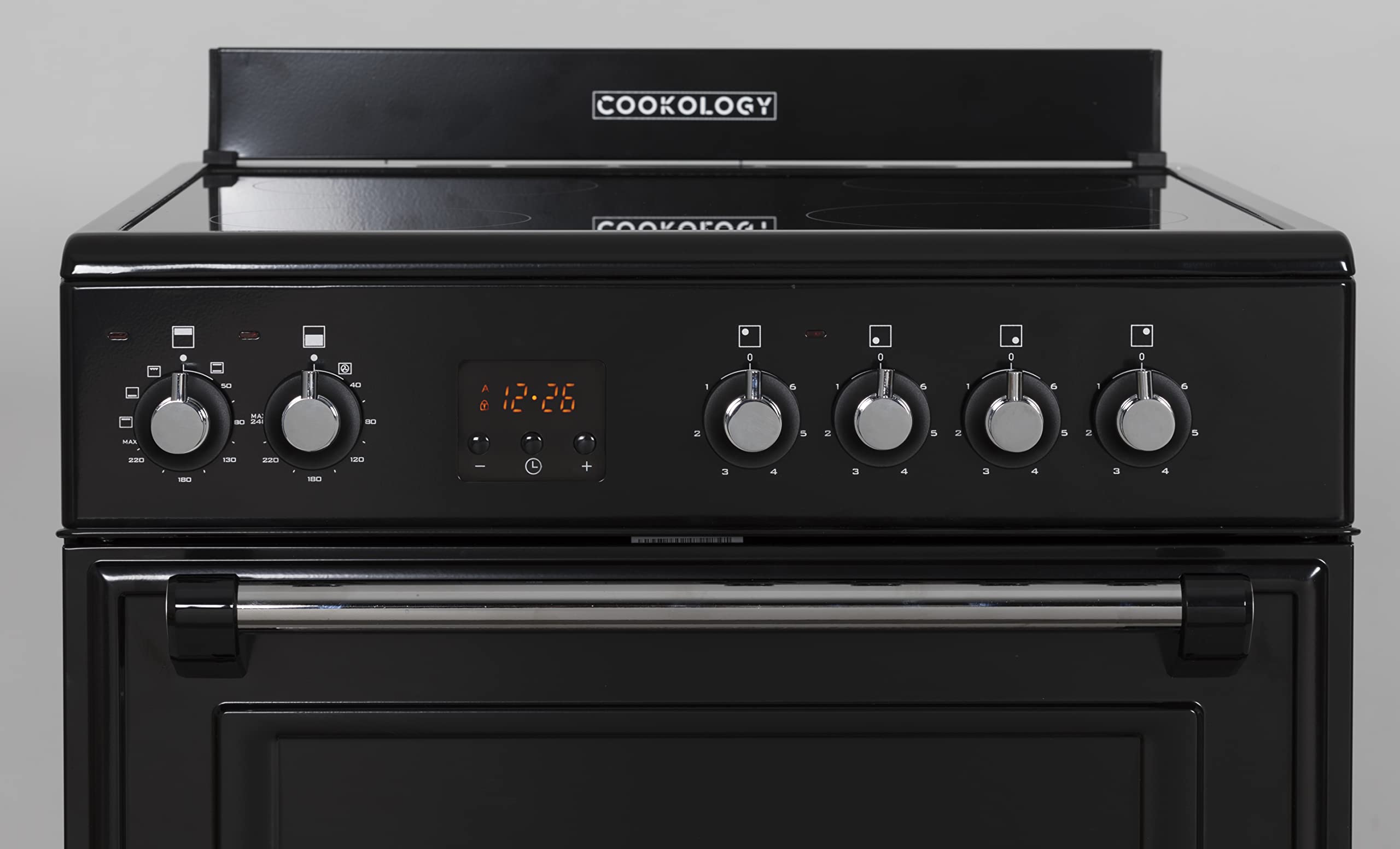 Cookology RETDO600BK Freestanding 60cm Wide, Retro Double Cavity Grill Oven Cooker with Ceramic 4 Zone Hob and Analogue Dials - in Black — view 2
