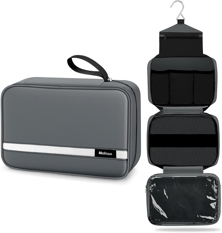 Maliton Necessaire de viagem suspensa com 4 compartimentos, gancho e zíper, cinza