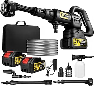 Akku Hochdruckreiniger, highsam Pressure Washer 3-Gang-Modus Max 65Bar, Druckreiniger Mobiler mit 2x4.0Ah Batterien, 6-in-1und 180° Drehbare Düse, Schaumsprüher, 5M Schlauch | Reinigung Bewässerung