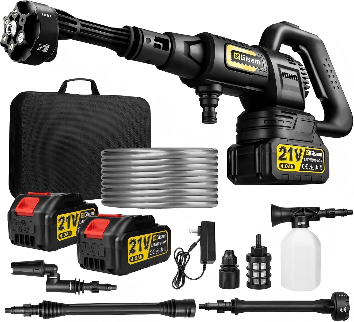 Nettoyeur Haute Pression sans Fil, Moteur sans Balais 2200 W,Mode 3 Vitesses,Pression Max 65 Bars, avec 2 Batteries 4,0 Ah,Buse Pivotante 6 en 1,Brosse De Nettoyage,Tuyau De 5 M,Nettoyage Et Arrosage