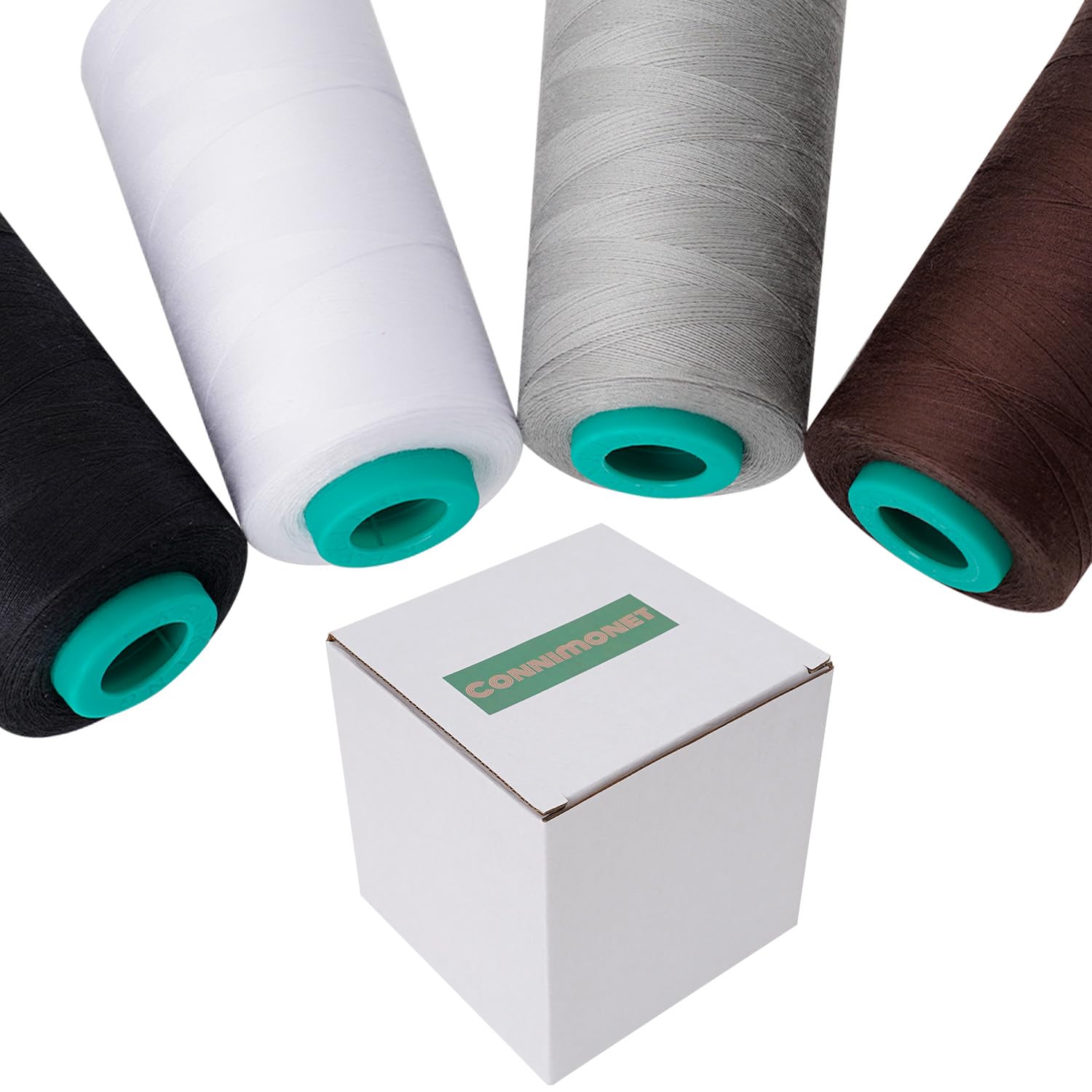 Nähgarnkegel, 4 Stück, 3000 m, Allzweck-Polyestergarn zum Nähen, Quilten, Overlock, Stickerei (Schwarz, Weiß, Braun, Grau)