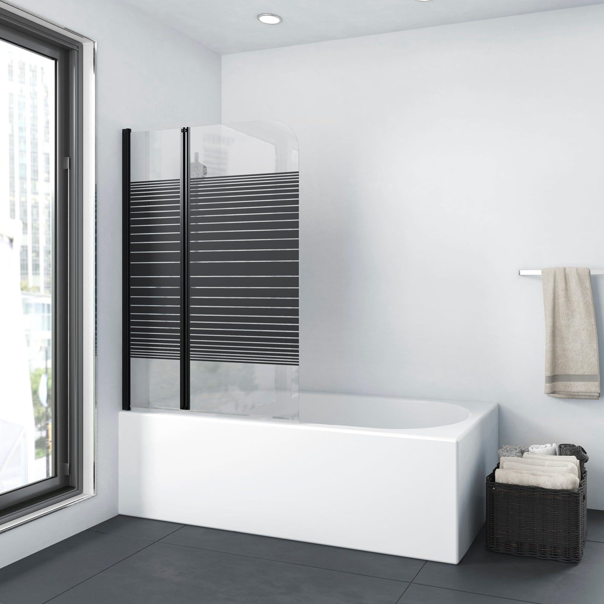 Accesorio para bañera MARWELL BLACK LINES 100 x 140 cm plegable en dos partes - fabricado en vidrio de seguridad monocapa de 4 mm de espesor, diseño negro mate, Matt negro