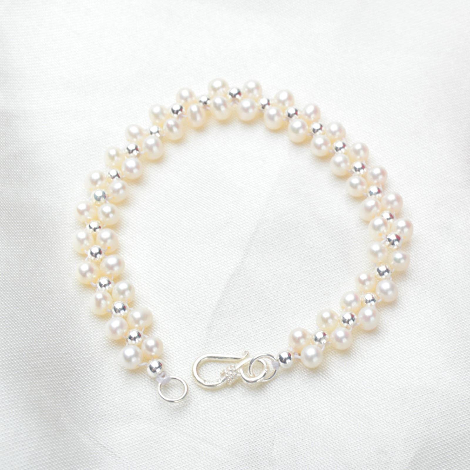 SALAN Mini Bracciali di Perle d'Acqua Dolce Naturali da 3-4 Mm Lavorati A Mano con Perline in Argento Sterling 925 per Regalo da Donna