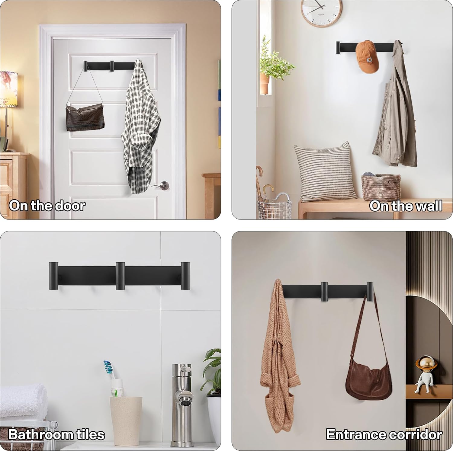 Black Coat Hooks, Wall Mounted Coat Rack – 3 Hoooks T-Shaped Towel Rack for Hats, Bags & Towels, Heavy-Duty Metal Rail for Entryway, Bathroom, Closet, Bedroom