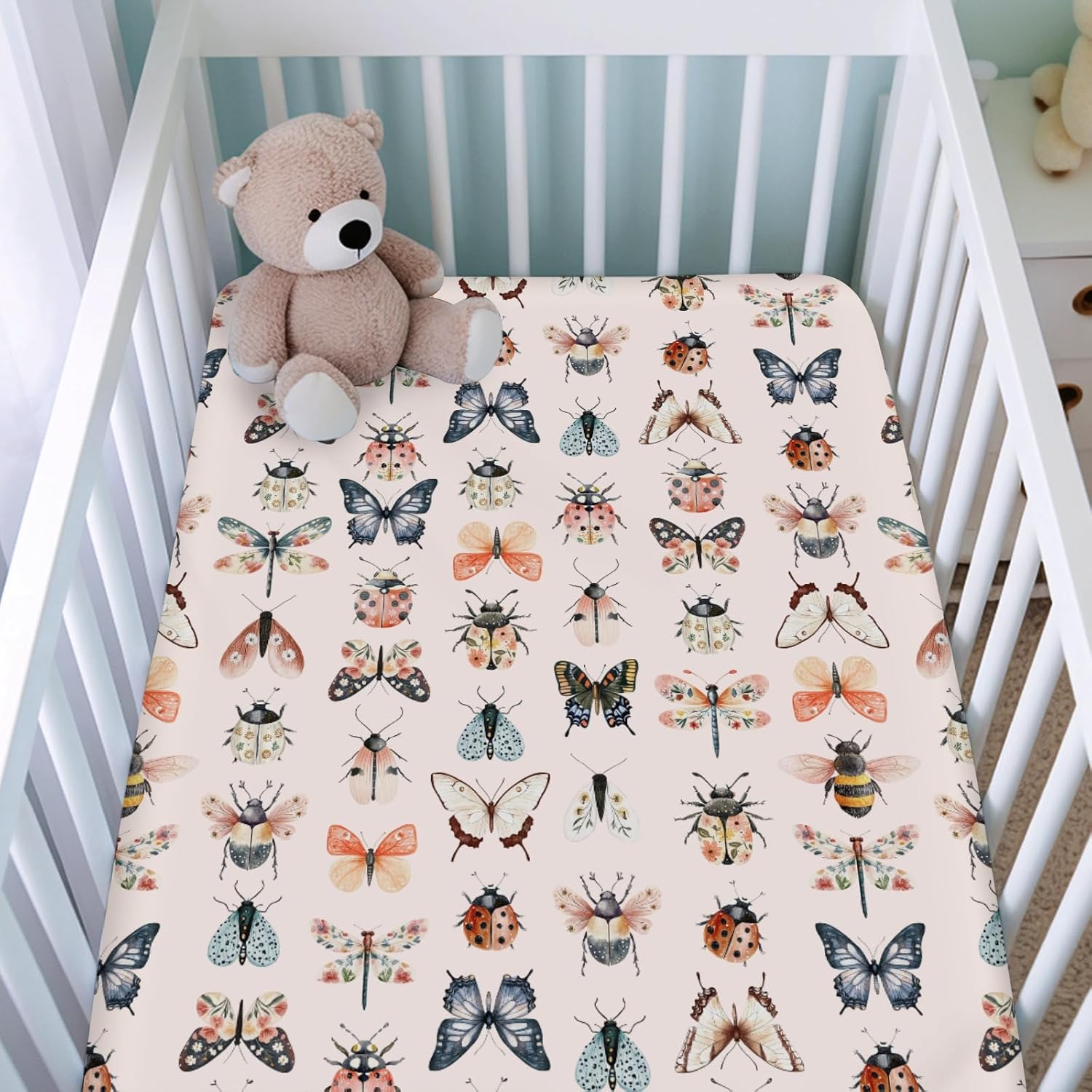 Watercolor Bees Butterflies Moth Floral Baby Crib Sheets for Girl Boy 52"x28" Spring Forest Beetles Bees Flowers Pink Soft Breathable Nursery Baby Sheet for Standard Crib and Toddler Bed Mattresses