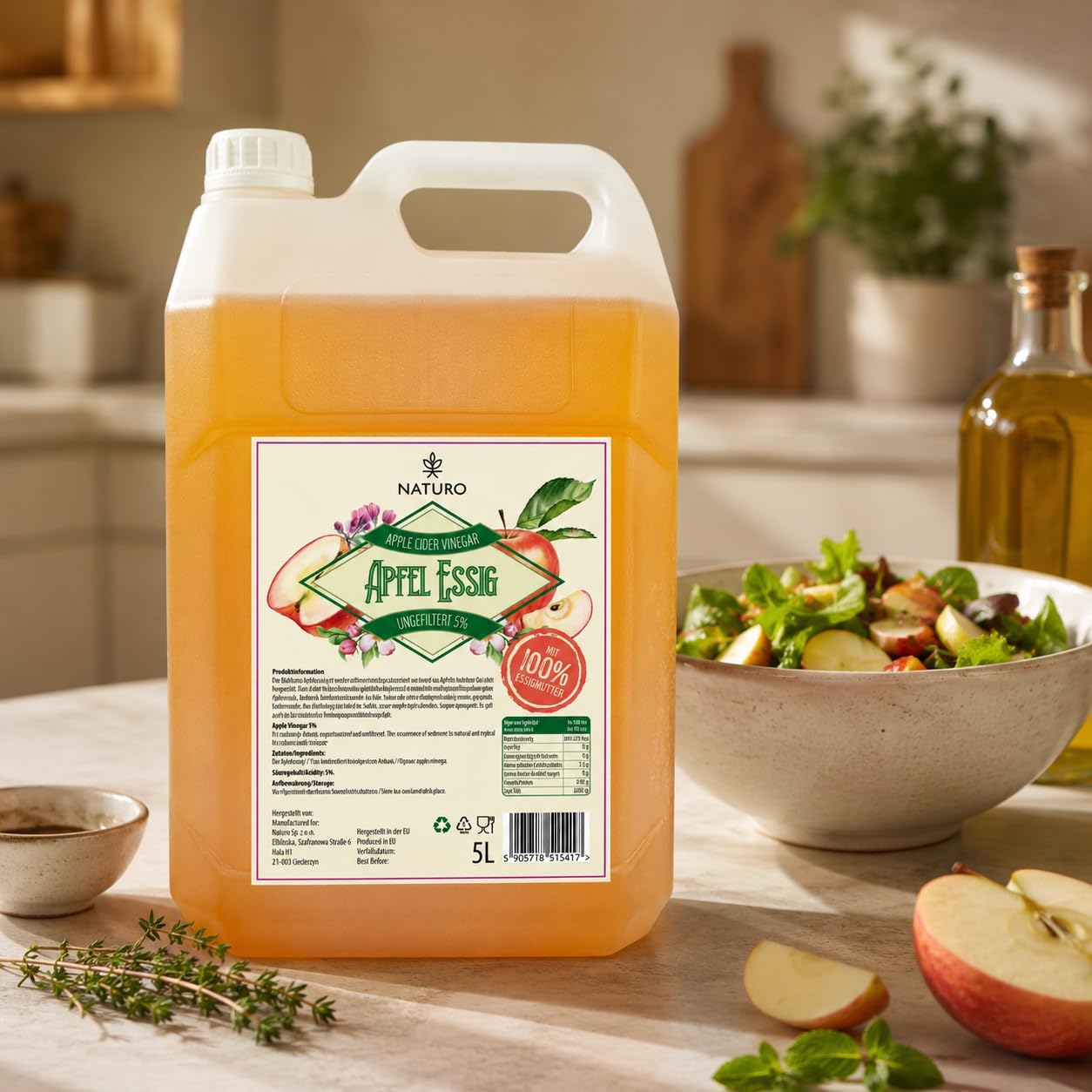 Naturo - Apfelessig Naturtrüb 5L – Hochwertiger Essig Ungefiltert 5% - Essigmutter Großer Vorratspackung - 100% natürlich, ohne Zusatzstoffe - ideal für Salate, Saucen und Gesundheitsvorteile