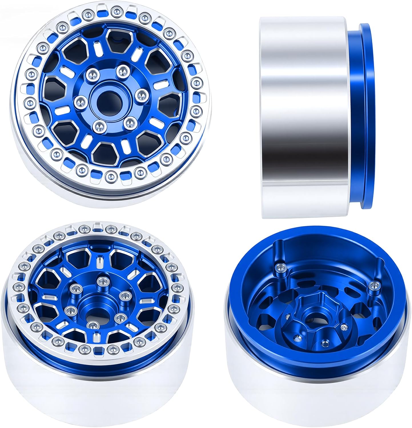 1.9" Aluminum Beadlock Wheels, Honeycomb Design Rims for 1/10 RC Crawler TRX4 TRX6 SCX10 SCX10 II 90046 SCX10 III AXI03007 D90, 4PCS, Blue and Silver