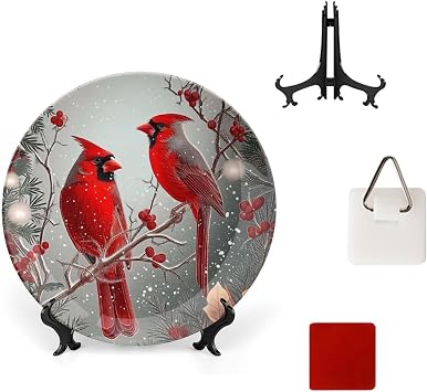 Cardinal in Snow Bone China Decorative Plate Ceramic Decorative Plate for Home Office Wall Decor, with Vertical Stand Decorative Plates for Home Club