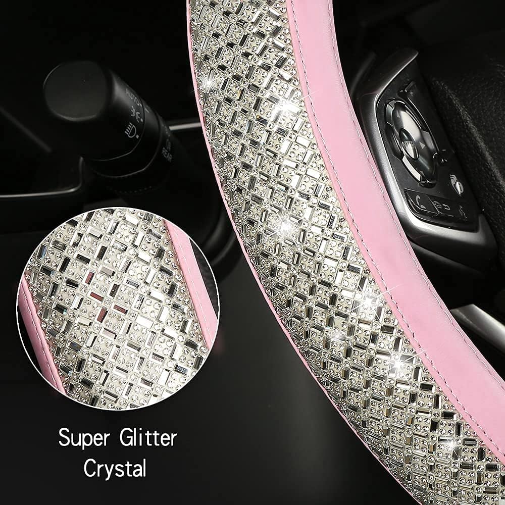 Bling Diamond Leather Steering Wheel Cover, Pink Steering Wheel Covers for Women Girls with Crystal Rhinestones, Universal Fit 14.5“-15" Car Steering Wheel Bling Cover Accessories