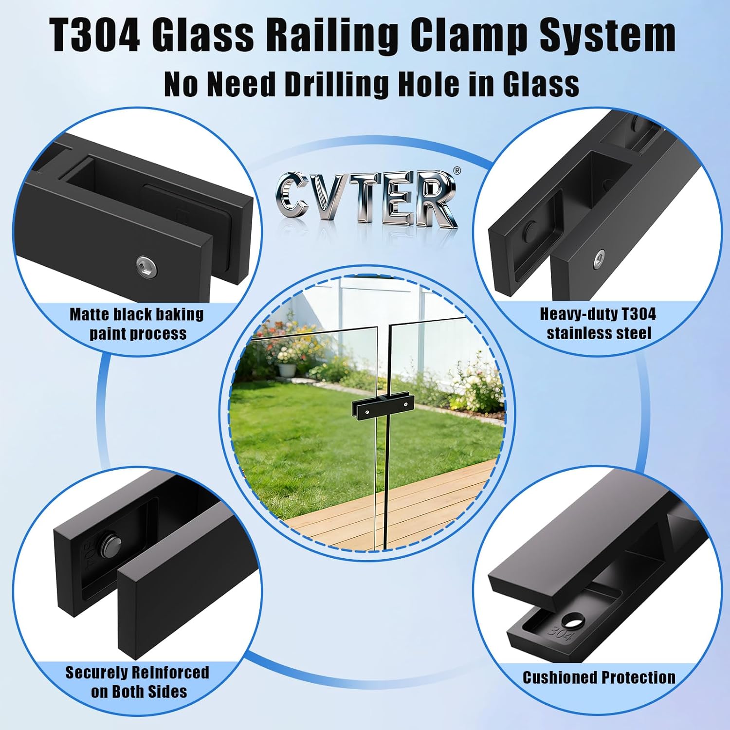 Glass Railing System, 304 Stainless Steel Glass Clamp for 3/8"-1/2"(8mm-13mm) Thinkness Balustrade, Heavy Duty Clamps for Deck Railing/Stairs/Balusters/Pool/Balcony/Patio, 180°, 8 pack