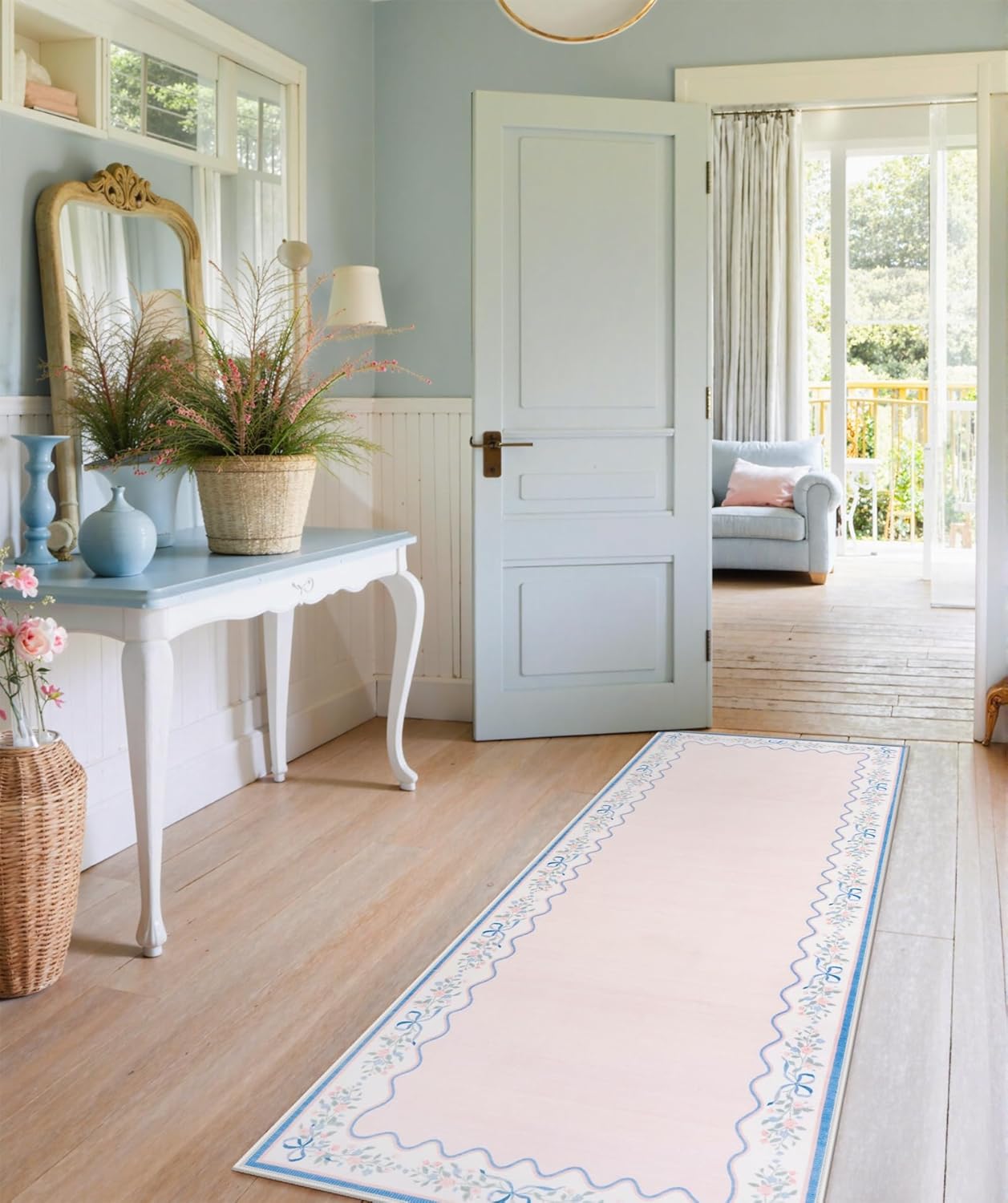 Seavish Washable Runners for Hallways, 2x6 Pink Floral Girls Area Rugs for Bedroom, Non-Slip Low Pile Accent Rugs for Entryway, Boho Soft Scalloped Rug for Kitchen Laundry Nursery Playroom