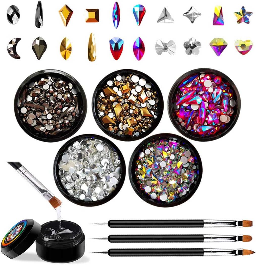 Nail Art Rhinestones Set with Glue and Tools, Mixed Flatback Crystal Rhinestones with 5 Colors (100 Pcs Colorful Crystals + Multiple Round Rhinestones), 8ml Adhesive Resin Gel and 3Pcs Brush