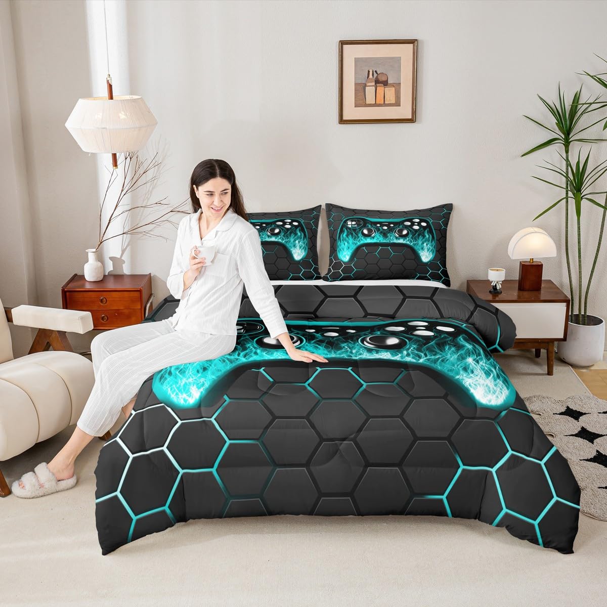 Erosebridal Juego de ropa de cama para niños, tamaño individual, juego de edredón de videojuegos para niños, decoración de habitación, ropa de cama de juegos, edredón geométrico azul y negro con