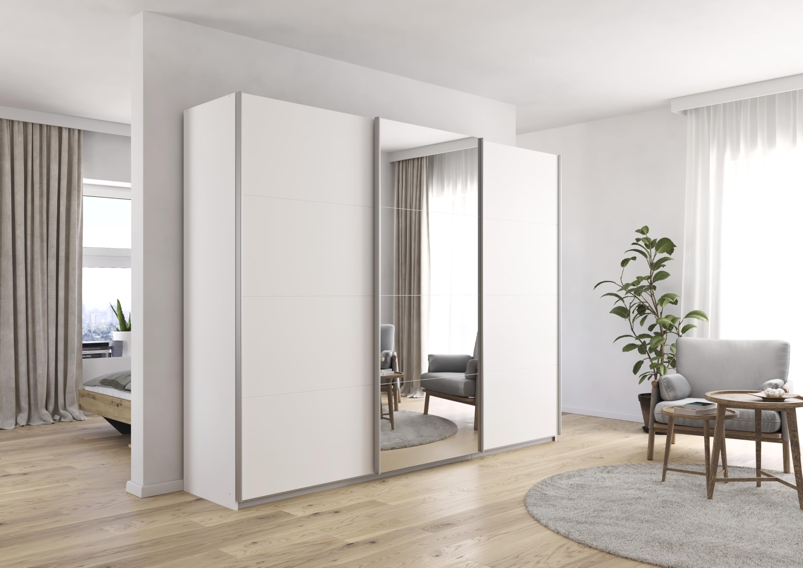 Rauch Möbel KULMBACH, Schwebetürenschrank, Farbe Weiß, Breite 271 cm | Kleiderschrank mit Schwebetüren, Schiebetüren, 3-türig, mit Spiegel, Zubehör Premium, Schlafzimmer, Jugendzimmer, Garderobe