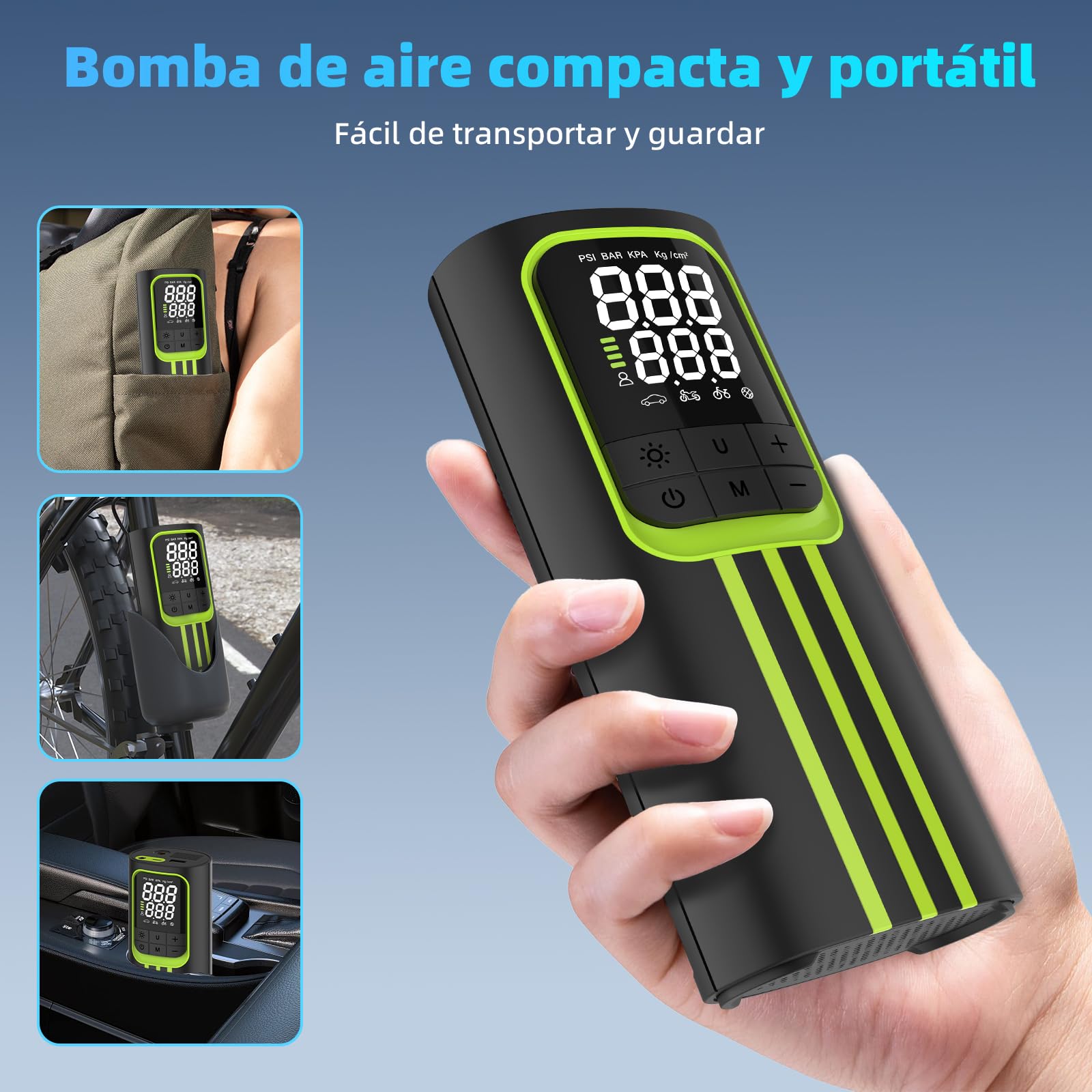 Compresor Aire Portatil, Inflador Ruedas Coche 150 PSI Inalámbrico, Batería Recargable con Pantalla Digital y Luz LED, Modos Automáticos de Inflado, para Coche, Moto, Bicicleta y Pelotas,Negro y verde