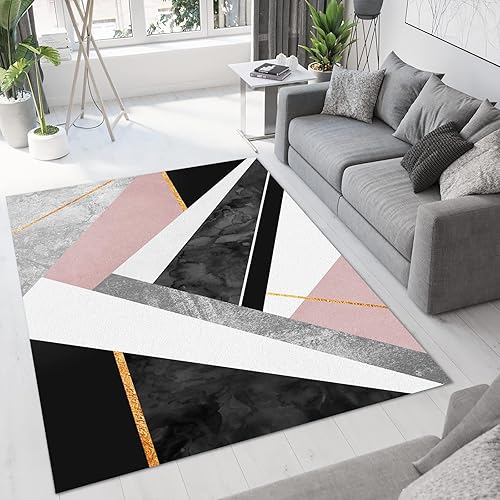 Miniatura 2 de Alfombras de mármol gris, blanco, rosa, negro, geometría abstracta de oro rosa, suave, lavable, alfombra de tapicería con respaldo antideslizante