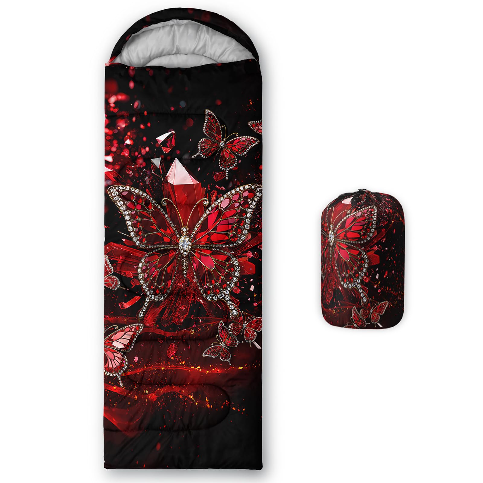 QOOMO Red Cartoon Butterfly Waterproof Sleeping Bags for Adults & Kids,Printed Camping Sleeping Bags, 3 Season Warm & Cool Weather,Lightweight,Traveling,and Outdoors,Camping Gear Equipment,31x90inch