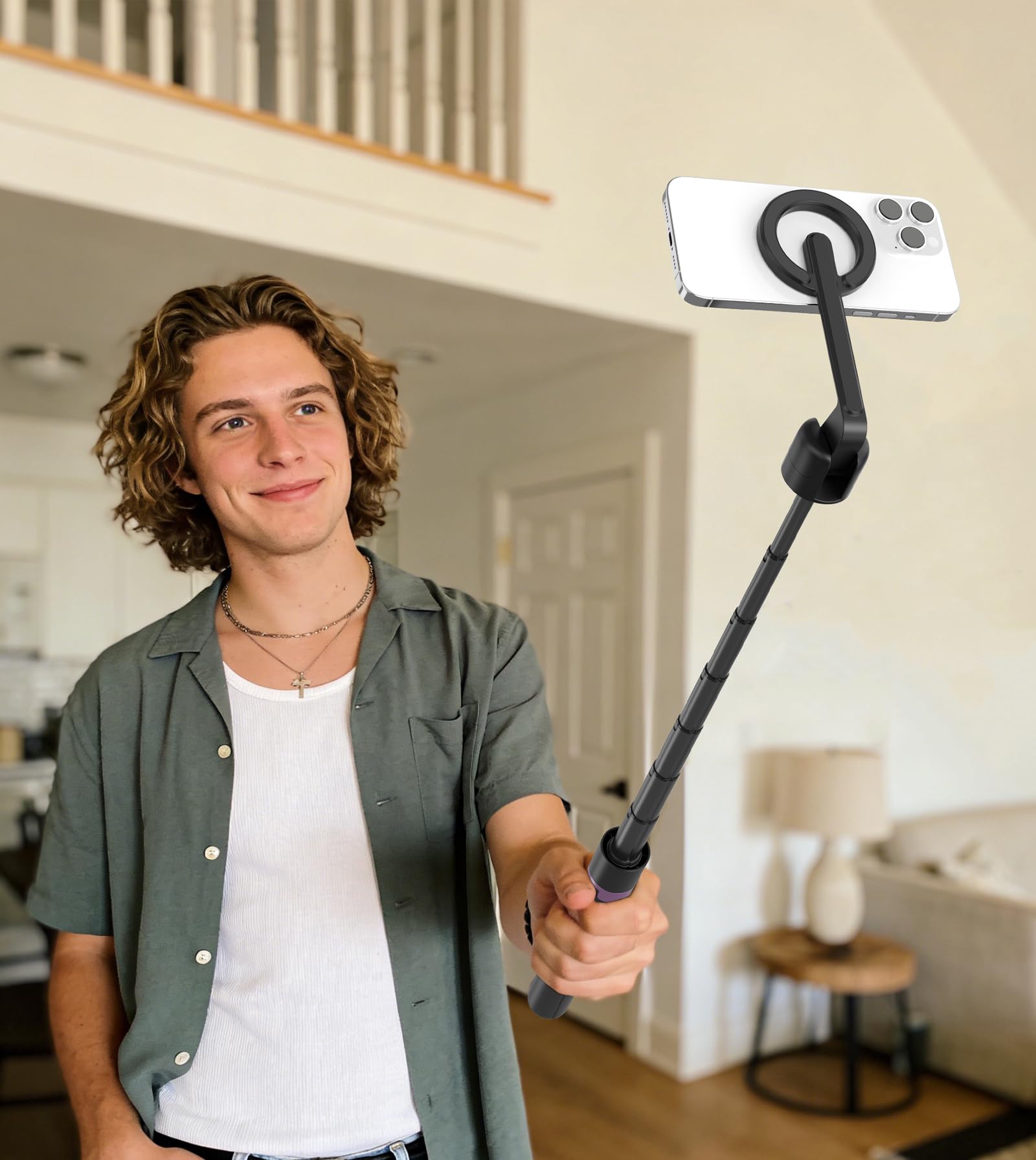 TONEOF 173cm Magnetyczny statyw do selfie, mocny magnetyczny uchwyt aluminiowy do Magsafe, obrót o 360°, wysuwany statyw z pilotem, przenośny statyw do telefonu komórkowego–Czarny Fioletowy