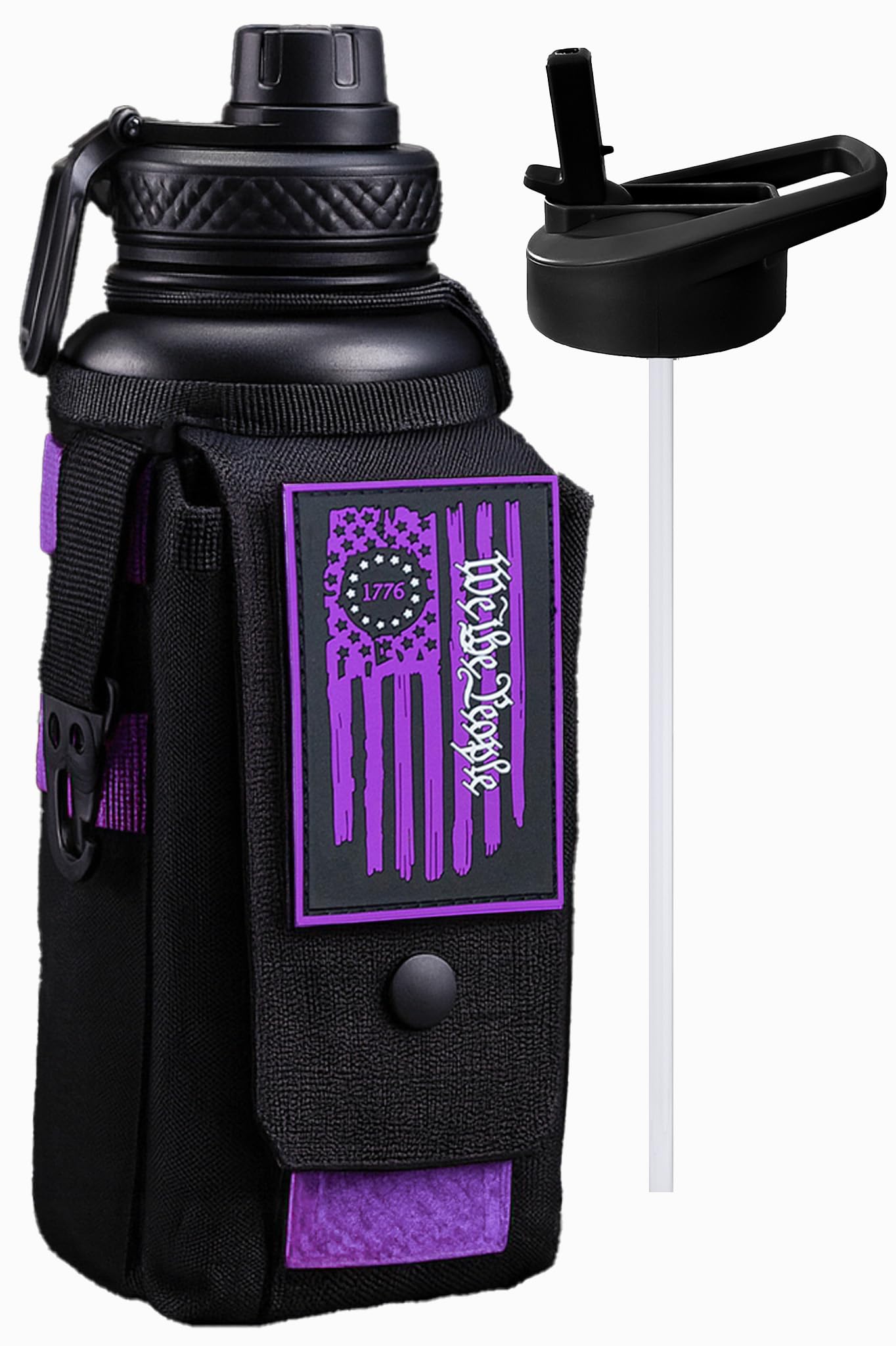 Iron Infidel Battle Bottle - 32 Oz Insulated Water Bottle with Straw Lid &amp; Chug Cap, Stainless Steel Metal Tactical Flask With Rugged, Removable Sleeve for Keys &amp; Phone or Wallet (Twilight 1 Liter)