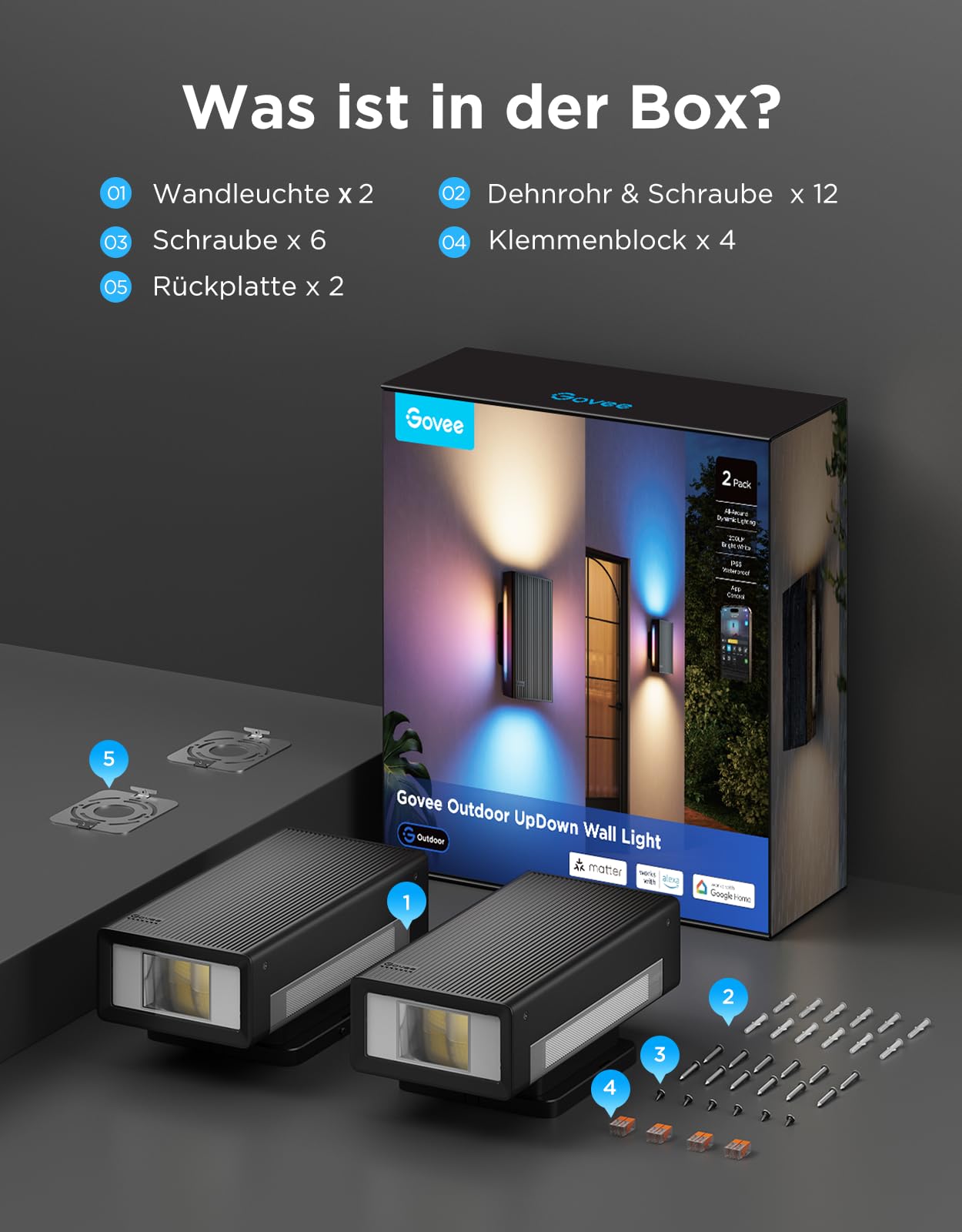 Govee Outdoor UpDown Wandleuchte, 1400lm RGBICWW Wandlamp, IP66, 2 Stück | 2700K–6500K UpDown Außenwandleuchte mit 64 Szenen, DIY-Farben, Funktioniert Matter/Alexa/Google, Veranda, Balkon, Terrasse