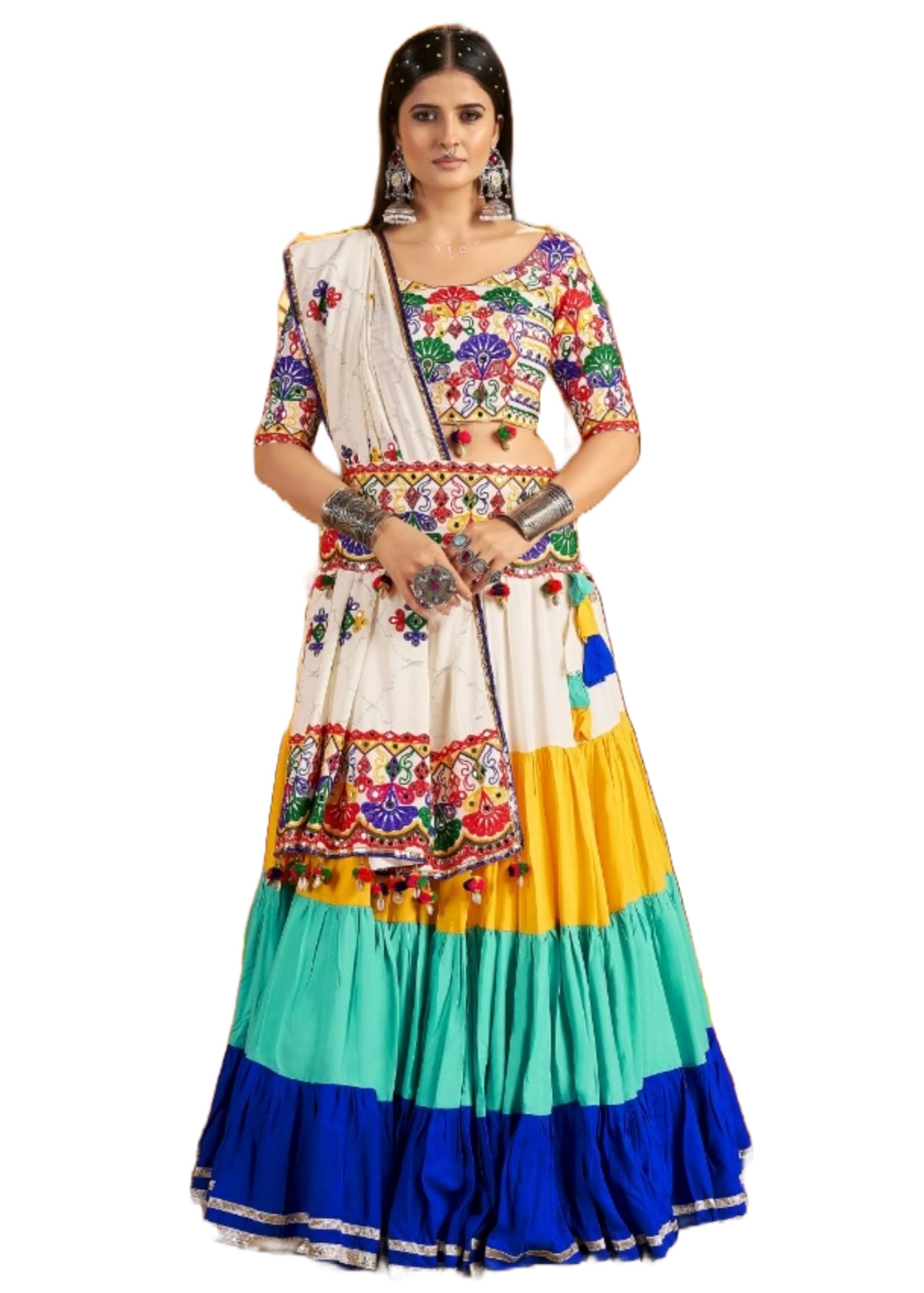 Navratri Viscose Cotton Fabric Multi Thread Mirror Work Chaniya Choli Lehenga 15100