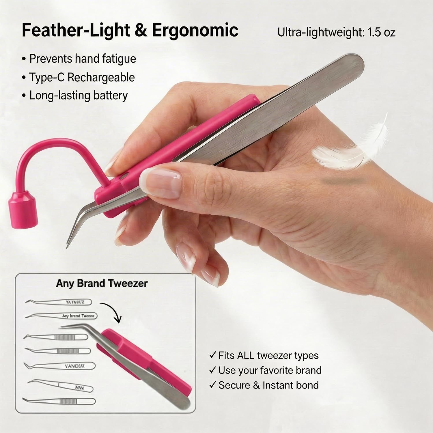 2-in-1 Mini UV Lash Light 180° Rotation Attachment for Tweezers - 1-2s Rapid Cure LED Lamp for Eyelash Extensions - Cordless, Lightweight (1 oz), Rechargeable - Eliminate Floor UV Lamps Hot Pink