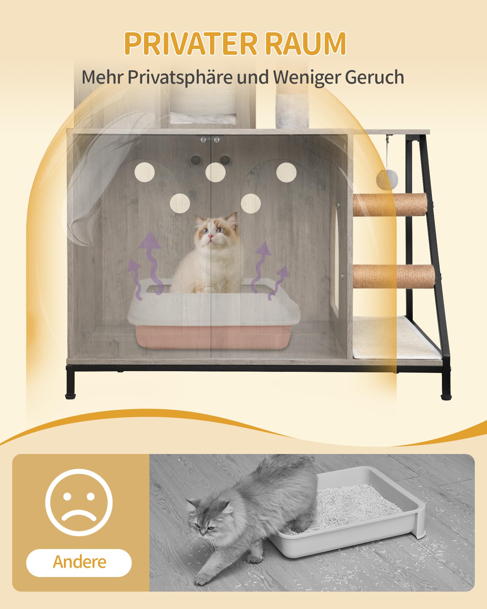 Hzuaneri Kratzbaum mit Katzenklo-Schrank, Katzenschrank, 4-in-1 Modernes Katzenhaus mit Großer Plattform, Katzenhaus mit Sisal-Kratzmatte, Pfosten, Treppe und Pompom, Waschbare Kissen, Greige CB81005B