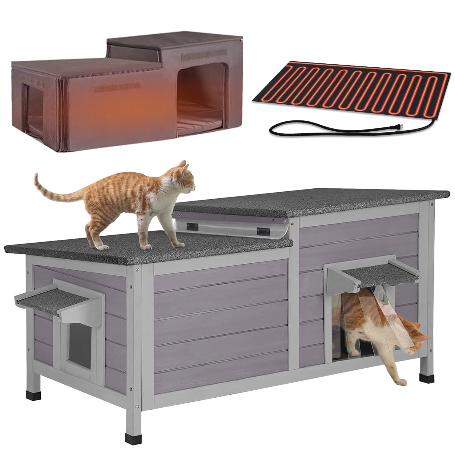 GUTINNEEN Heated Cat House with Insulated Liner Outdoor Cat House with Anti-Bite Cable Weatherproof Cat Shelter with Heater Feral Cat House for Winter